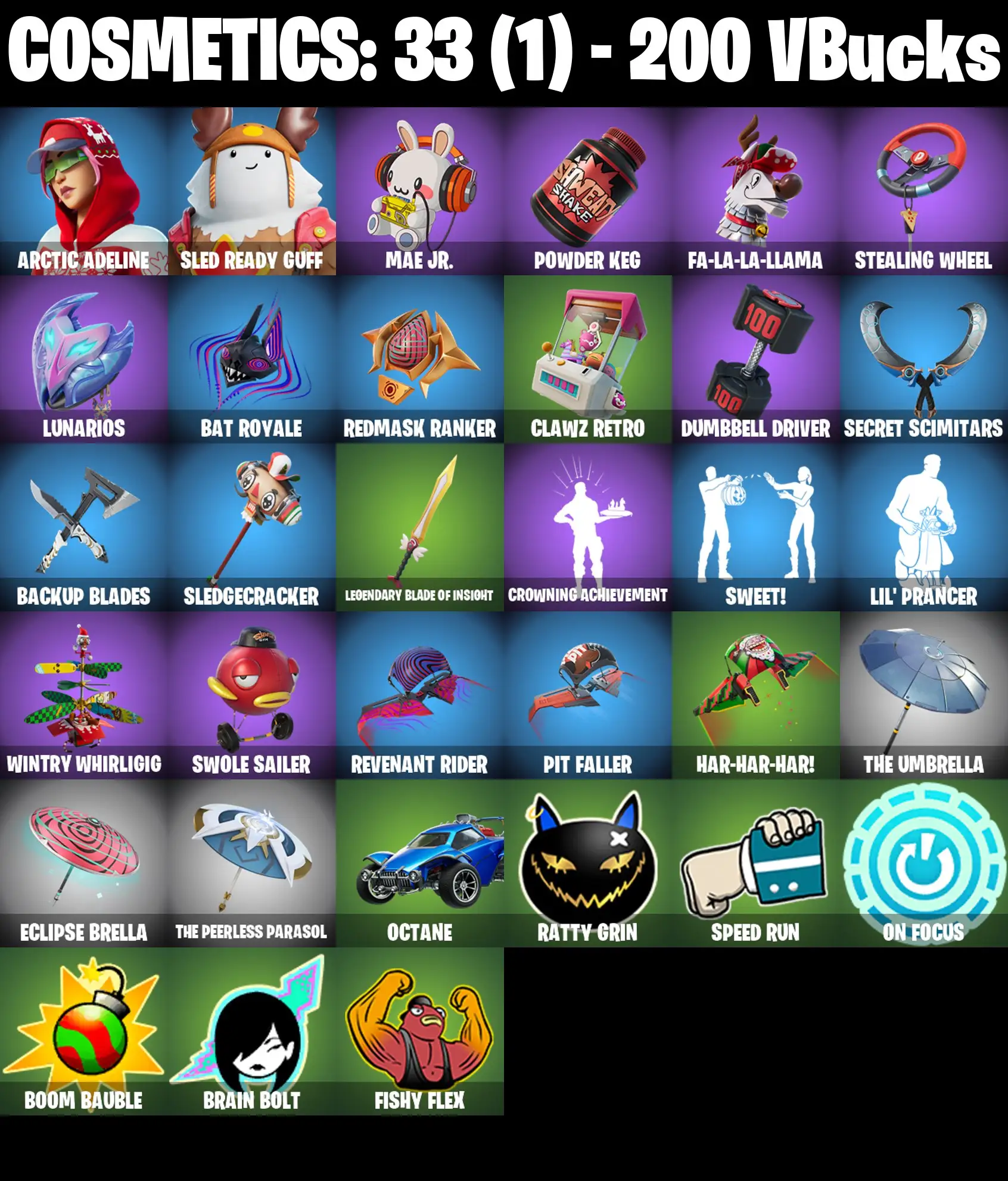 [PC/PSN/XBOX] 2 skins | Arctic Adeline | Sled Ready Guff | Mae Jr. | Powder Keg | Fa-la-la-Llama | Stealing Wheel | Lunarios | Bat Royale | 200 VB
