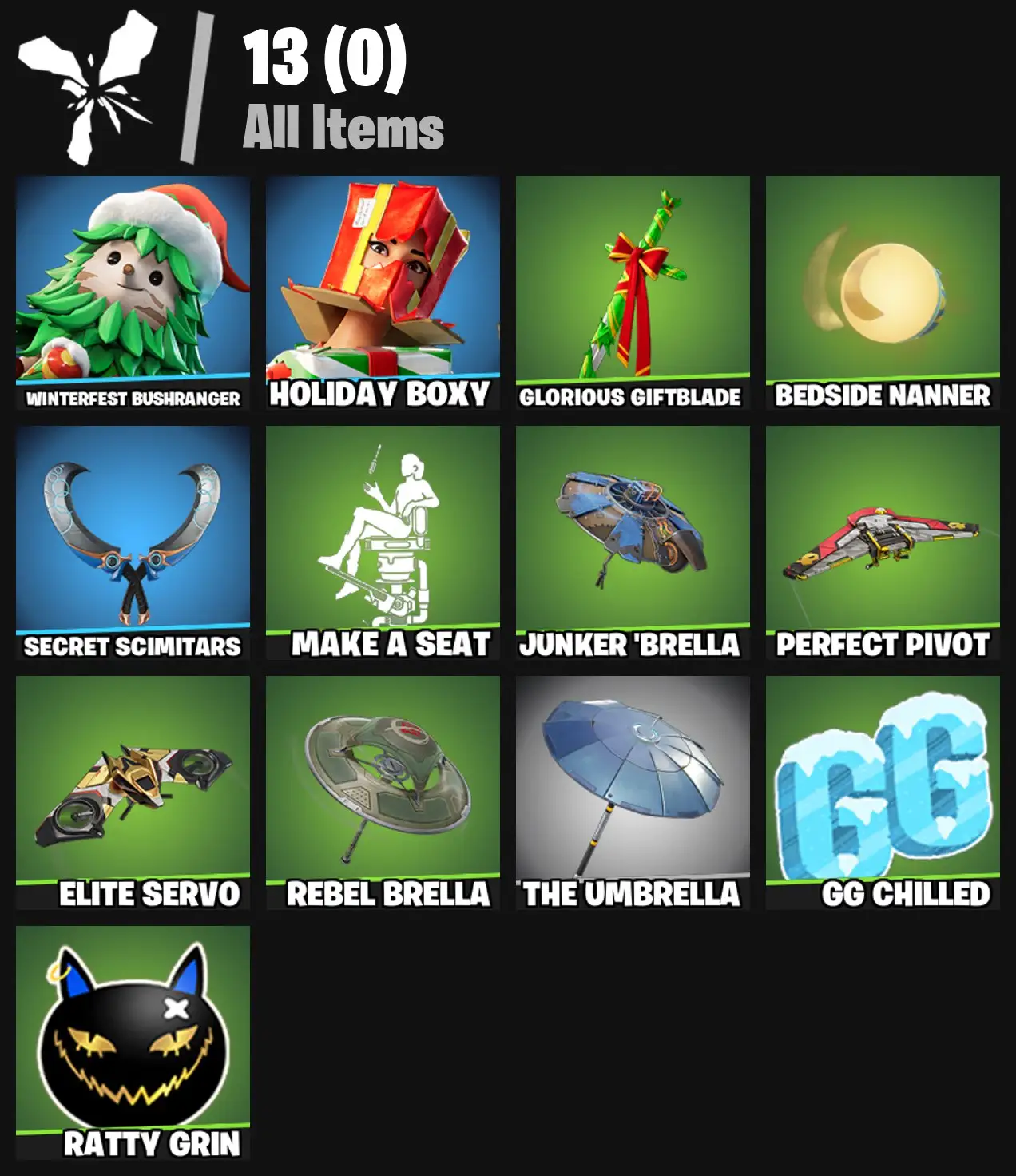 [PC/PSN/XBOX] 2 skins | Winterfest Bushranger | Holiday Boxy | Glorious Giftblade | Bedside Nanner | Secret Scimitars | Make a Seat | Junker 'Brella | 100 VB
