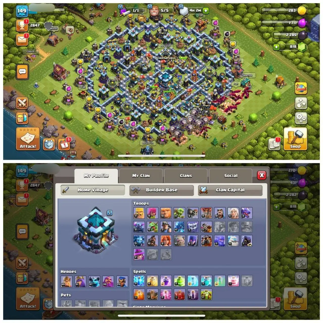 {CRAZY DISCOUNT} TH13 NEAR MAX⚡️XP - 149 ⚡️1 EPIC EQUIPMENTS ⚡️HERO 49-61-47-38-25⚡️DARK BLUE WALLS ⚡️818 GEMS ⚡️PIXEL SCENERY⚡️439 CWL MEDALS⚡️OP LAB⚡️INSTANT DELIVERY 🚚