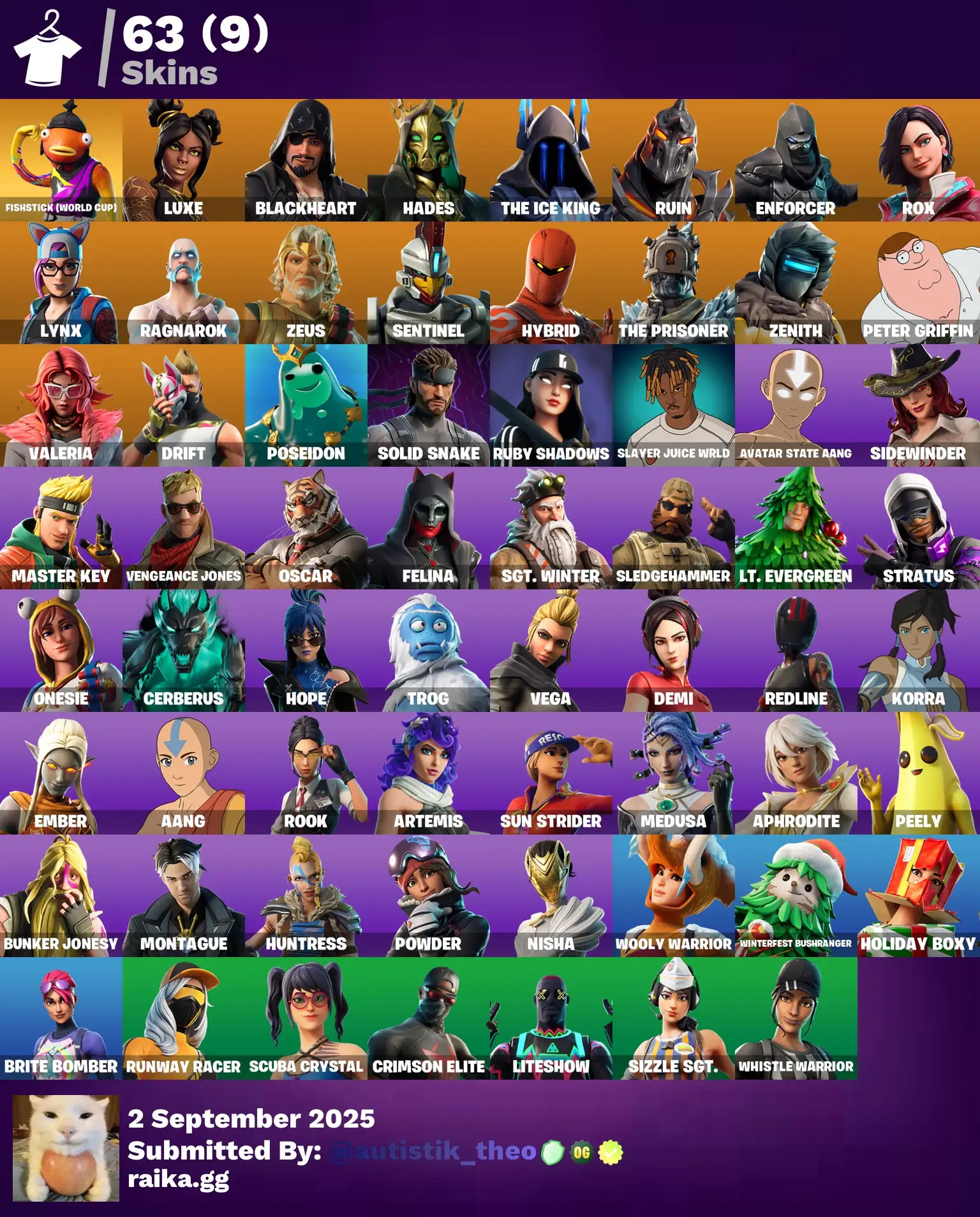 [PC] 63 skins | Fishstick (World Cup) | Luxe | Blackheart | Hades | The Ice King | Ruin | Enforcer | Rox | Lynx | Ragnarok | Zeus | Sentinel | Hybrid | 0 VB