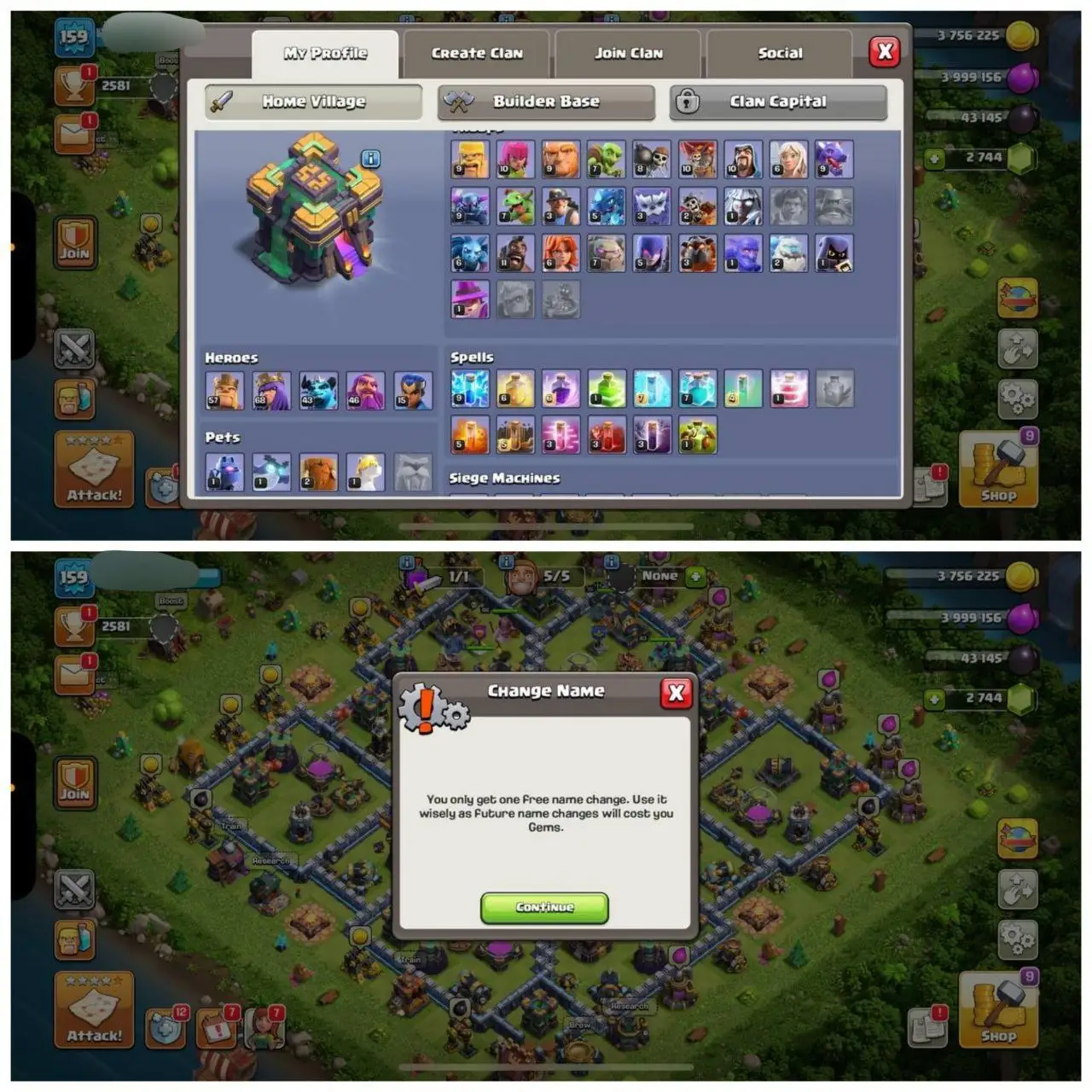 {56% DISCOUNT} TH14 NEAR MAX BASE⚡️3 EPIC EQUIPMENTS⚡️XP- 159⚡️HERO 57-68-43-46-15⚡️BLUE WALLS ⚡️2744 GEMS⚡️3 SKINS⚡️MAGIC ITEMS ⚡️NC FREE⚡️OP LAB ⚡️INSTANT DELIVERY 🚚
