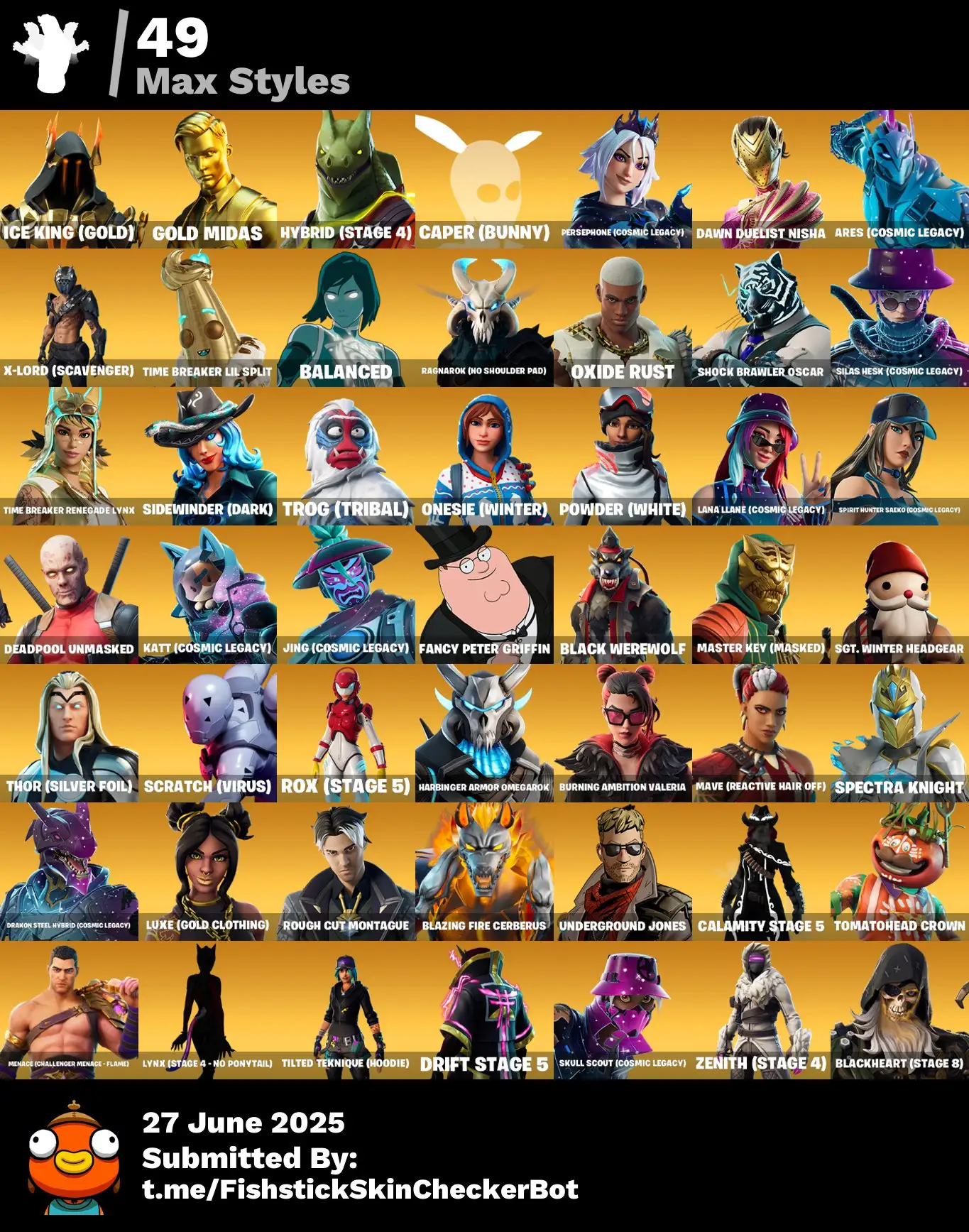 242 Skins · 66 Paid · Stacked OG + Iconic | IKONIK, Galaxy Grappler, Rose Team Leader, Peter Griffin, Goku Black & More 🔥