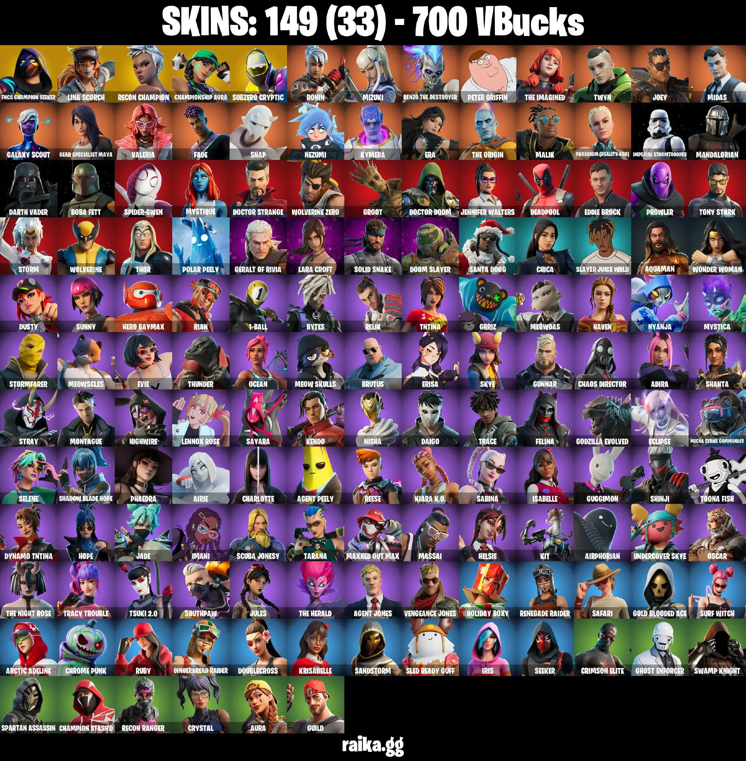 [PC/PSN/XBOX] 149 skins | Renegade Raider | Subzero Cryptic | Recon Champion | Championship Aura | Eddie Brock | Lina Scorch