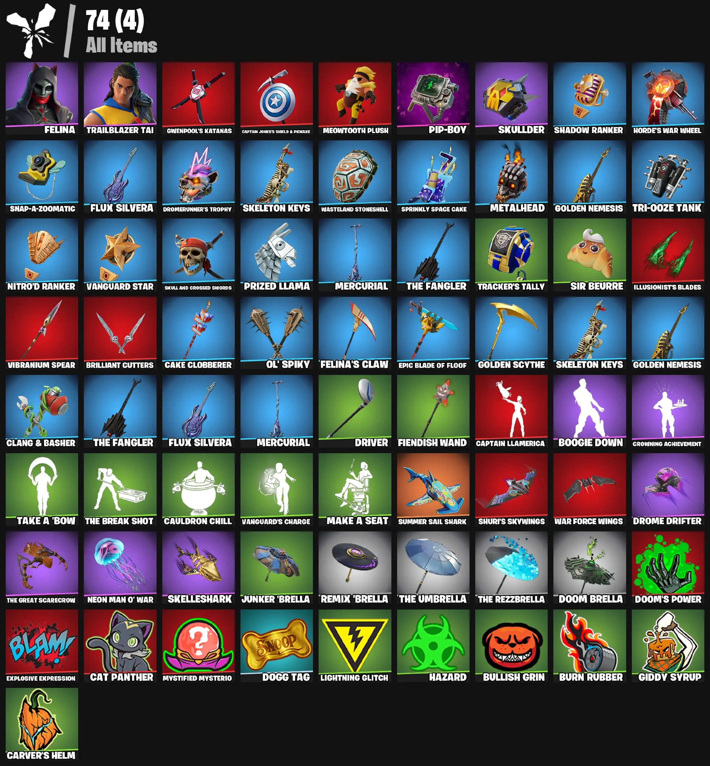 [PC/PSN/XBOX] 2 skins | Felina | Trailblazer Tai | Gwenpool's Katanas | Captain Jones's Shield & Pickaxe | Meowtooth Plush | Pip-Boy | Skullder | 200 VB