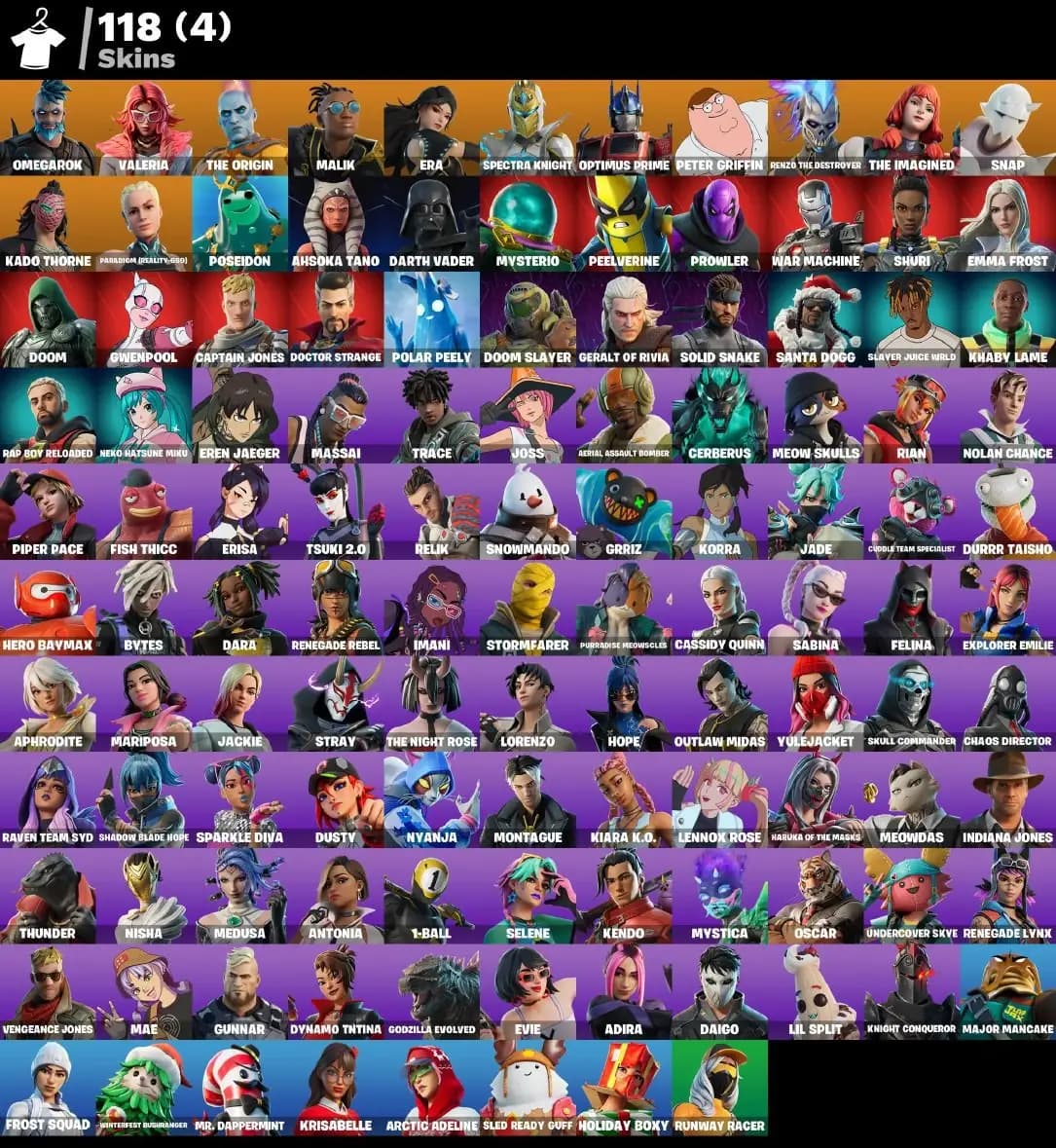 118 skins | Omegarok | Valeria | The Origin | Malik | Era | Spectra Knight | Optimus Prime | Peter Griffin | Renzo the Destroyer | The Imagined | 200 VB