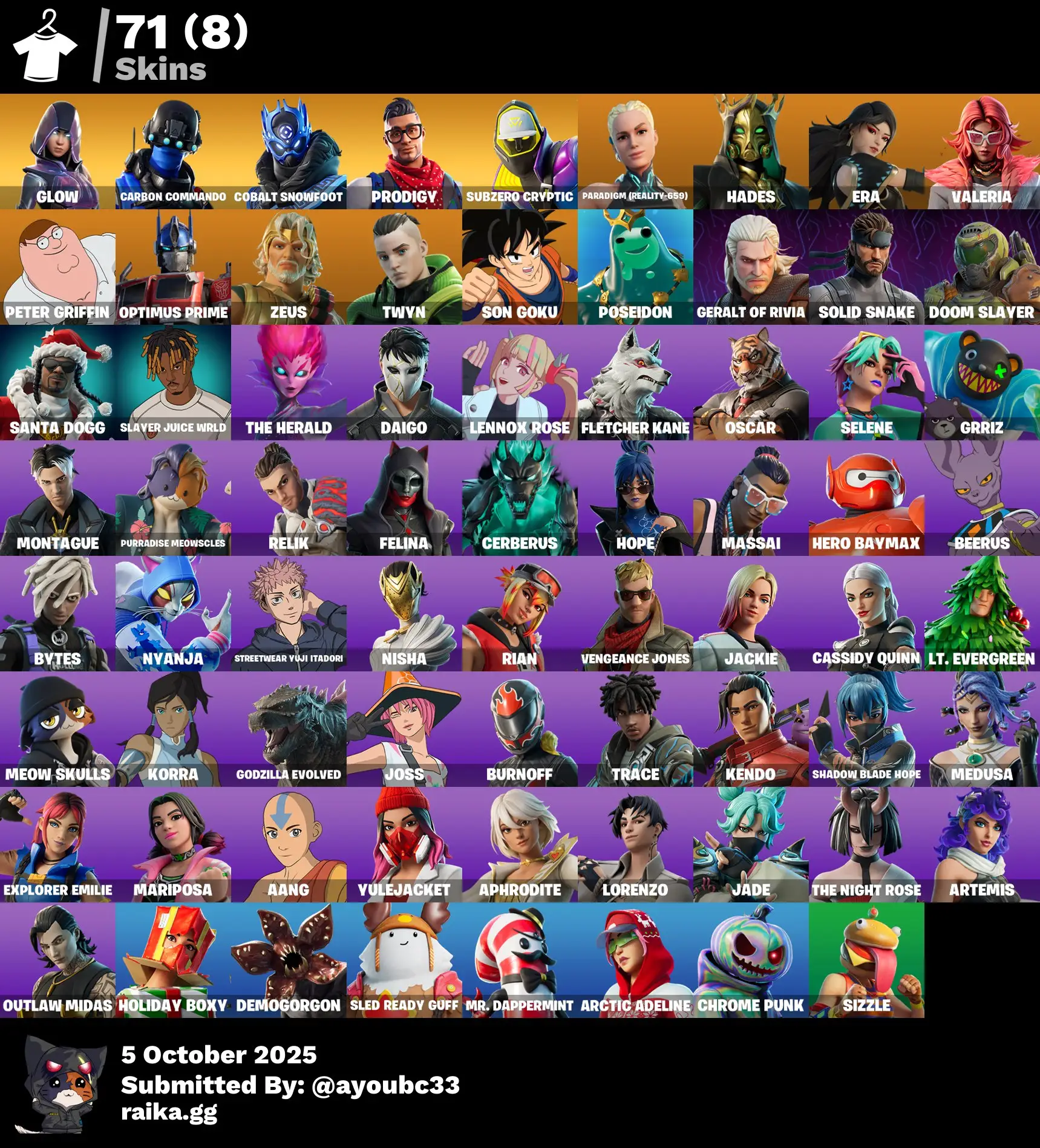 [PC/PS/XB/NIN] 71 skins | Glow | Carbon Commando | Cobalt Snowfoot | Prodigy | Subzero Cryptic | Peter Griffin | Hades | Zeus | Era | Valeria