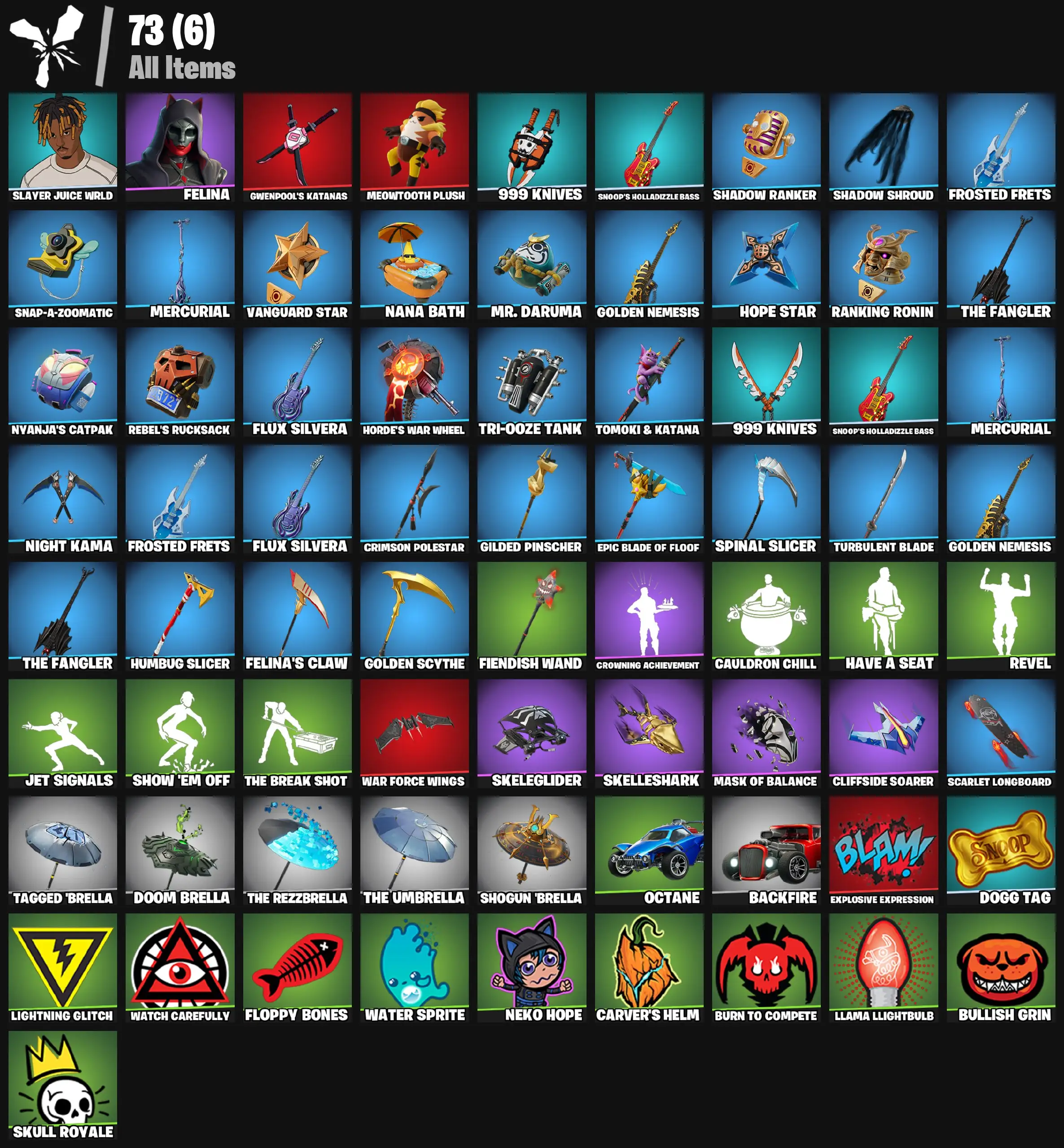 [PC/PSN/XBOX] 2 skins | Slayer Juice WRLD | Felina | Gwenpool's Katanas | Meowtooth Plush | 999 Knives | Snoop's Holladizzle Bass | SHADOW Ranker | 0 VB