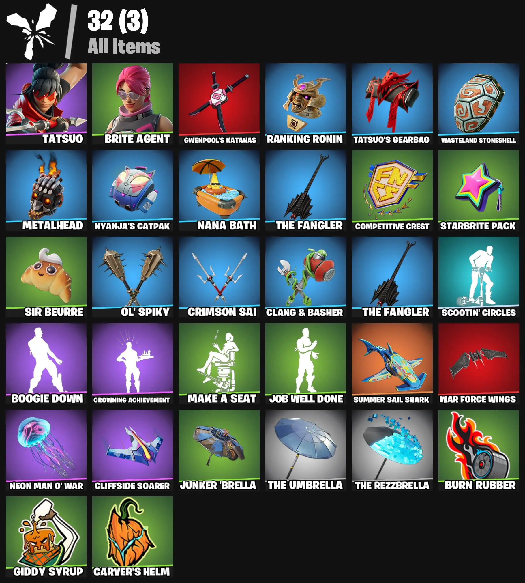 [PC/PSN/XBOX] 2 skins | Tatsuo | Brite Agent | Gwenpool's Katanas | Ranking Ronin | Tatsuo's Gearbag | Wasteland Stoneshell | Metalhead | 0 VB