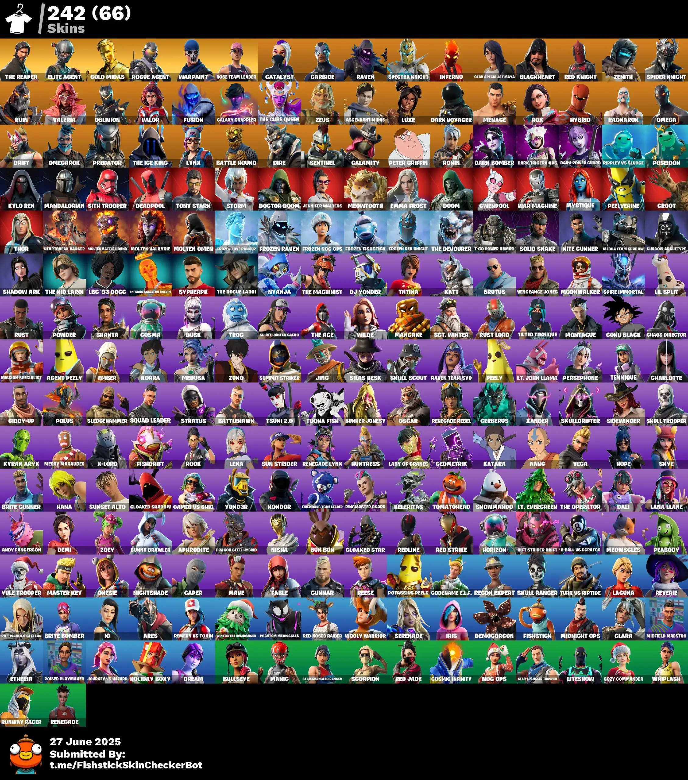 242 Skins · 66 Paid · Stacked OG + Iconic | IKONIK, Galaxy Grappler, Rose Team Leader, Peter Griffin, Goku Black & More 🔥