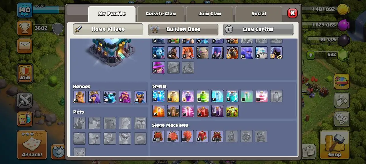 [#827] ALMOST MAX TH 13 | DARK BLUE WALLS | 29-30-40-15-10 HEROES | 138 CWL MEDALS | FREE RENAME | INSTANT DELIVERY