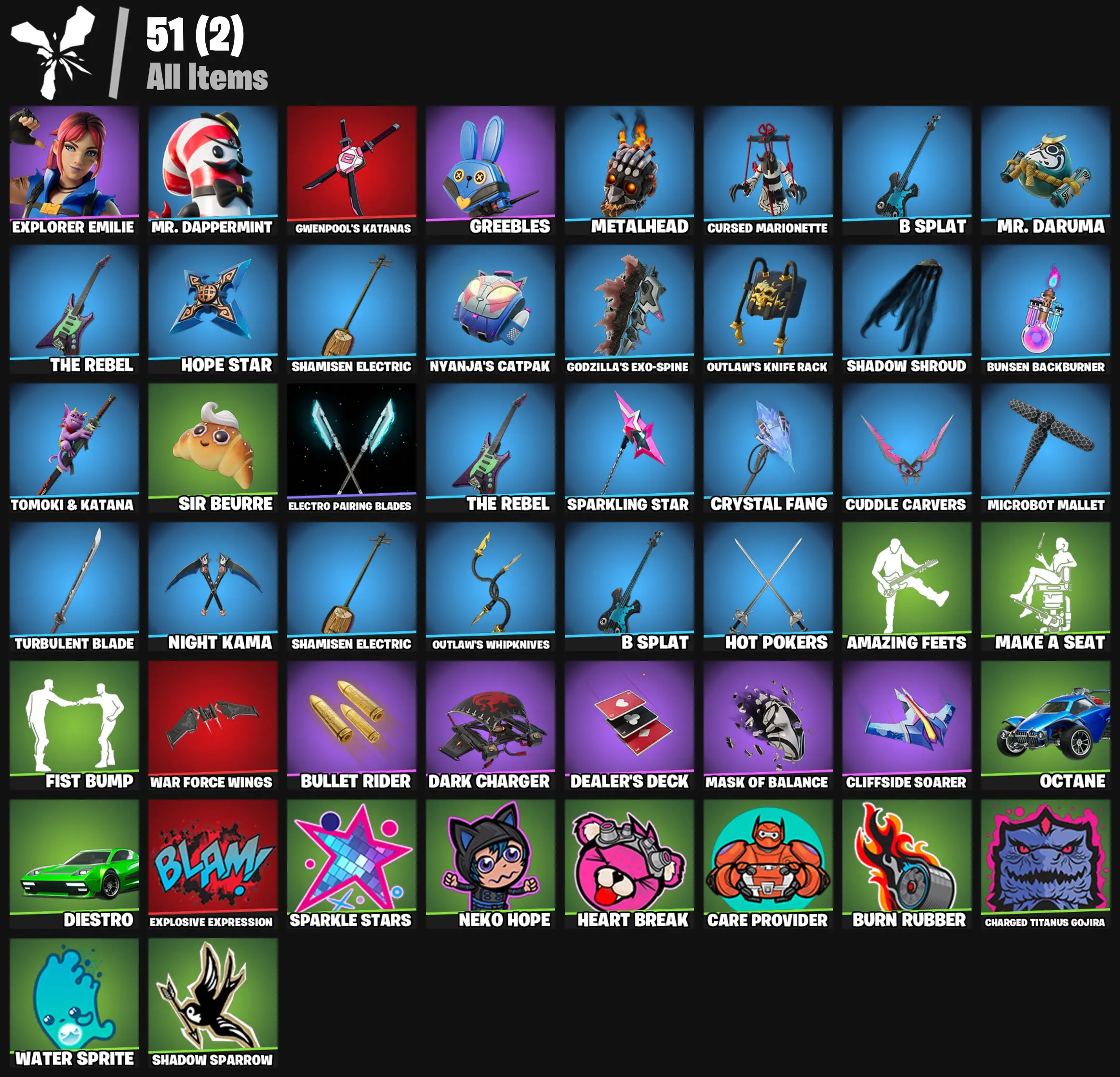 [PC/PSN/XBOX] 2 skins | Explorer Emilie | Mr. Dappermint | Gwenpool's Katanas | Greebles | Metalhead | Cursed Marionette | B Splat | Mr. Daruma | 100 VB