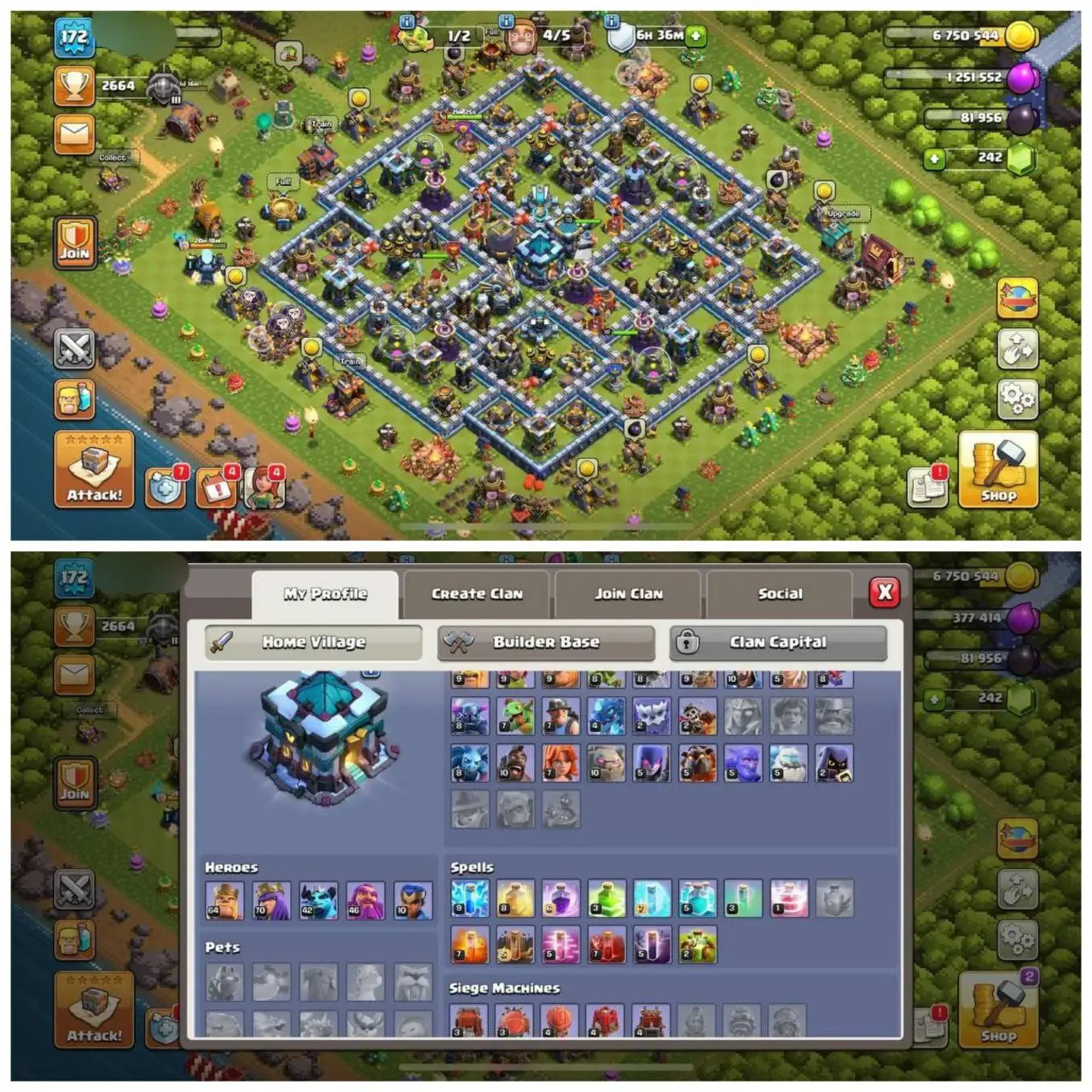 {CRAZY ACCOUNT} TH13 SEMI MAX⚡️XP- 172⚡️HERO 64-70-42-46-10⚡️BLUE WALLS⚡️HEROES SKINS⚡️MAGIC ITEMS⚡️OP LAB⚡️INSTANT DELIVERY 🚚