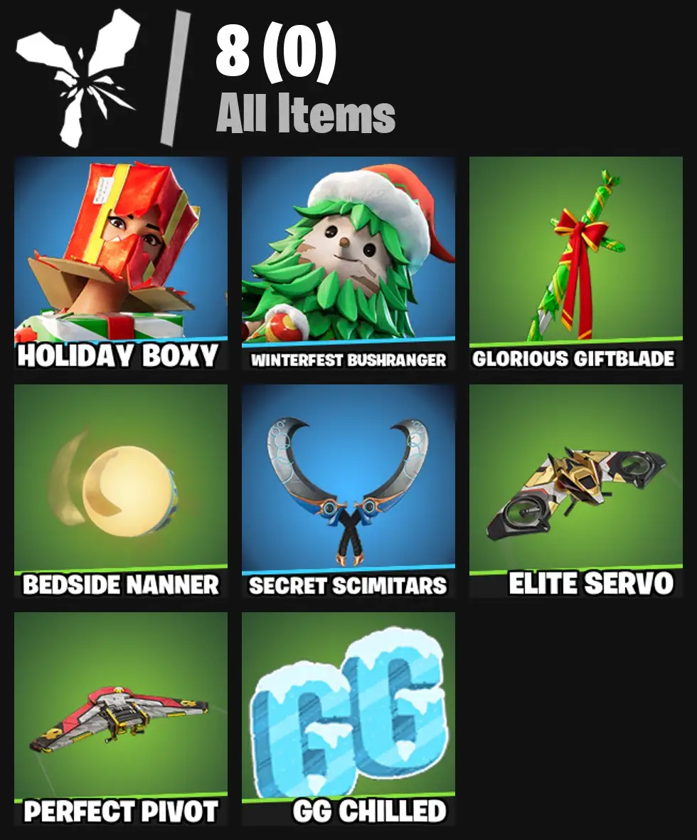 [PC/PSN/XBOX] 2 skins | Holiday Boxy | Winterfest Bushranger | Glorious Giftblade | Bedside Nanner | Secret Scimitars | Elite Servo | Perfect Pivot | 0 VB