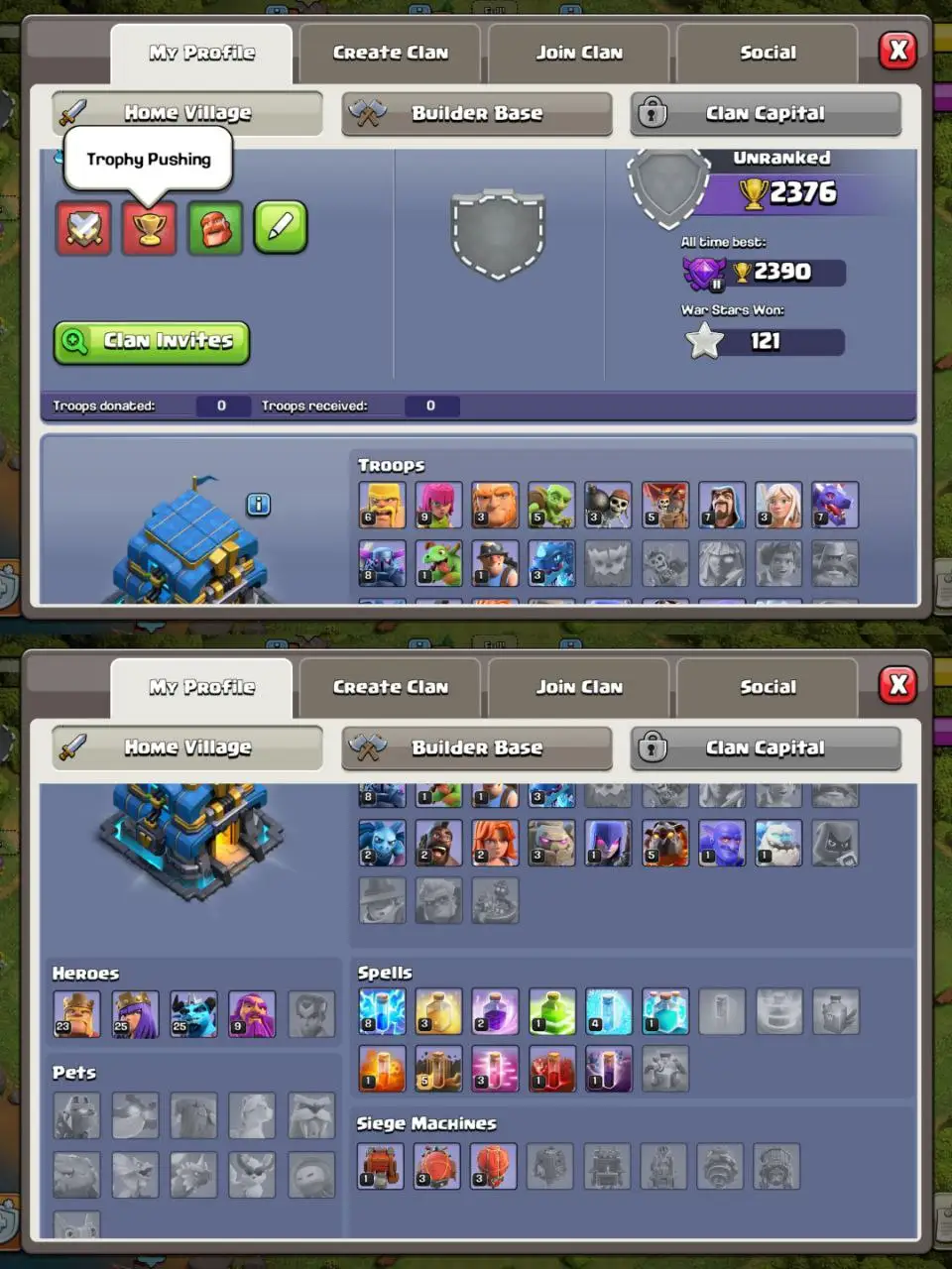 [#702] SEMI-MAX TH 12 | 23-25-25-9 HEROES | 169 CWL MEDALS | FREE RENAME | SOME MAGIC ITEMS | INSTANT DELIVERY