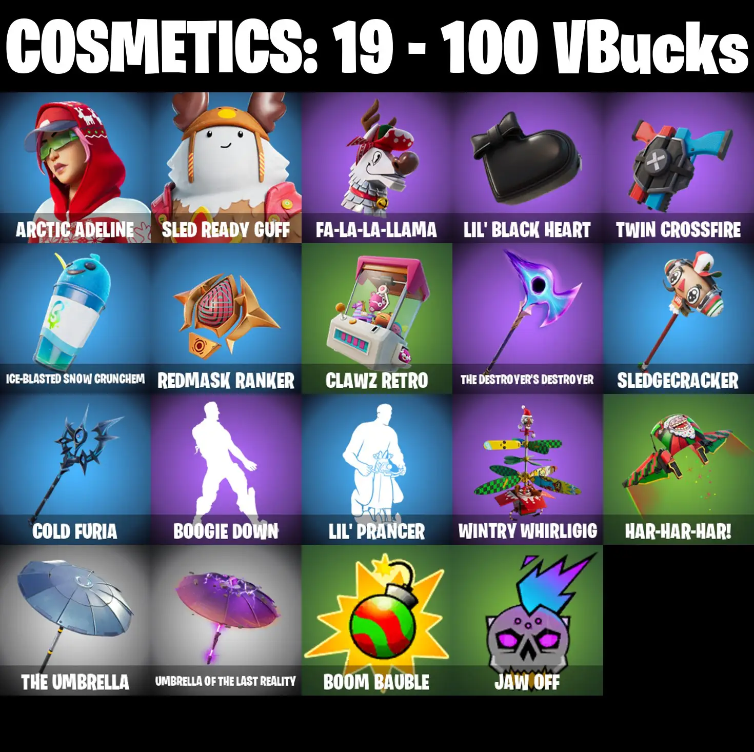 [PC/PSN/XBOX] 2 skins | Arctic Adeline | Sled Ready Guff | Fa-la-la-Llama | Lil' Black Heart | Twin Crossfire | Ice-Blasted Snow Crunchem | 100 VB