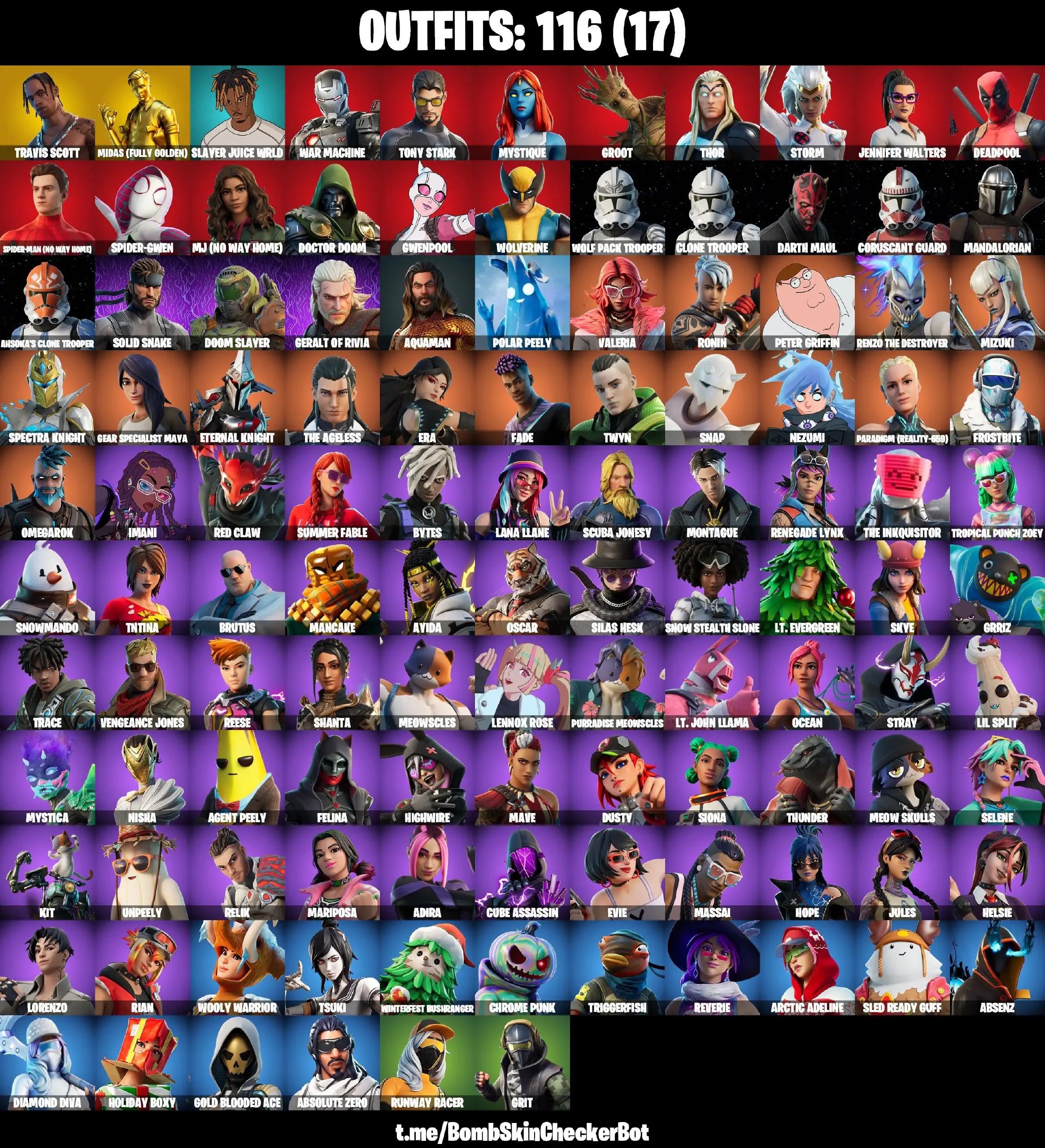 【116 SKINS】 TRAVIS SCOTT❤️WAR MACHINE❤️ TONY STARK❤️ GOLD MIDAS❤️   (PC/PSN/XBOX)