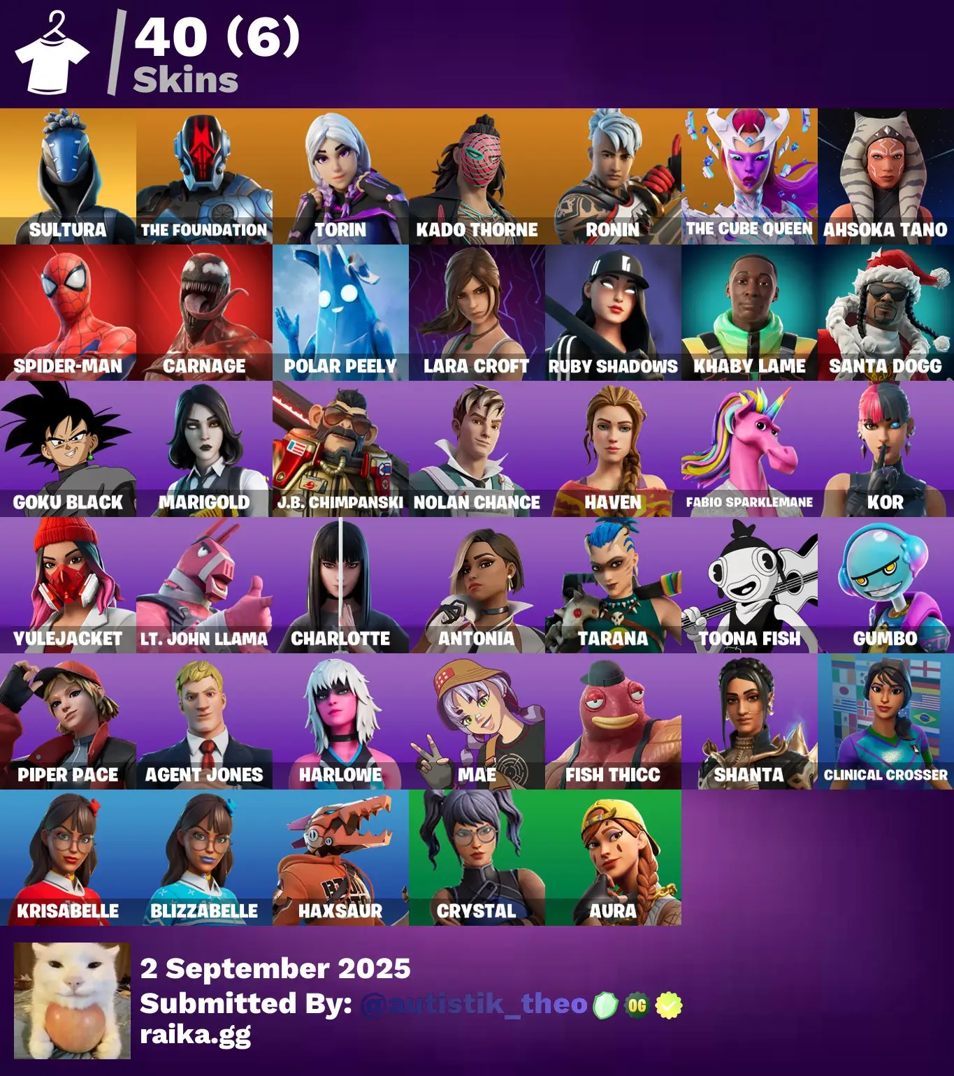 [PC/PSN/XBOX] 40 skins | Sultura | The Foundation | Torin | Kado Thorne | Ronin | The Cube Queen | Ahsoka Tano | Spider-Man | Carnage | Polar Peely | 250 VB