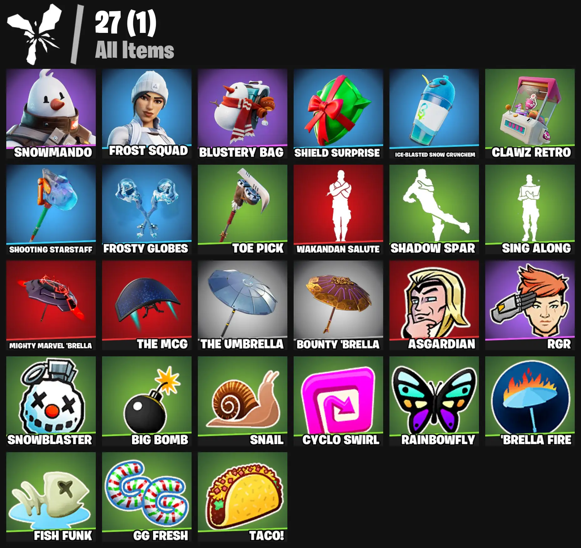 [PC/PSN/XBOX] 2 skins | Snowmando | Frost Squad | Blustery Bag | Shield Surprise | Ice-Blasted Snow Crunchem | Clawz Retro | Shooting Starstaff | 0 VB