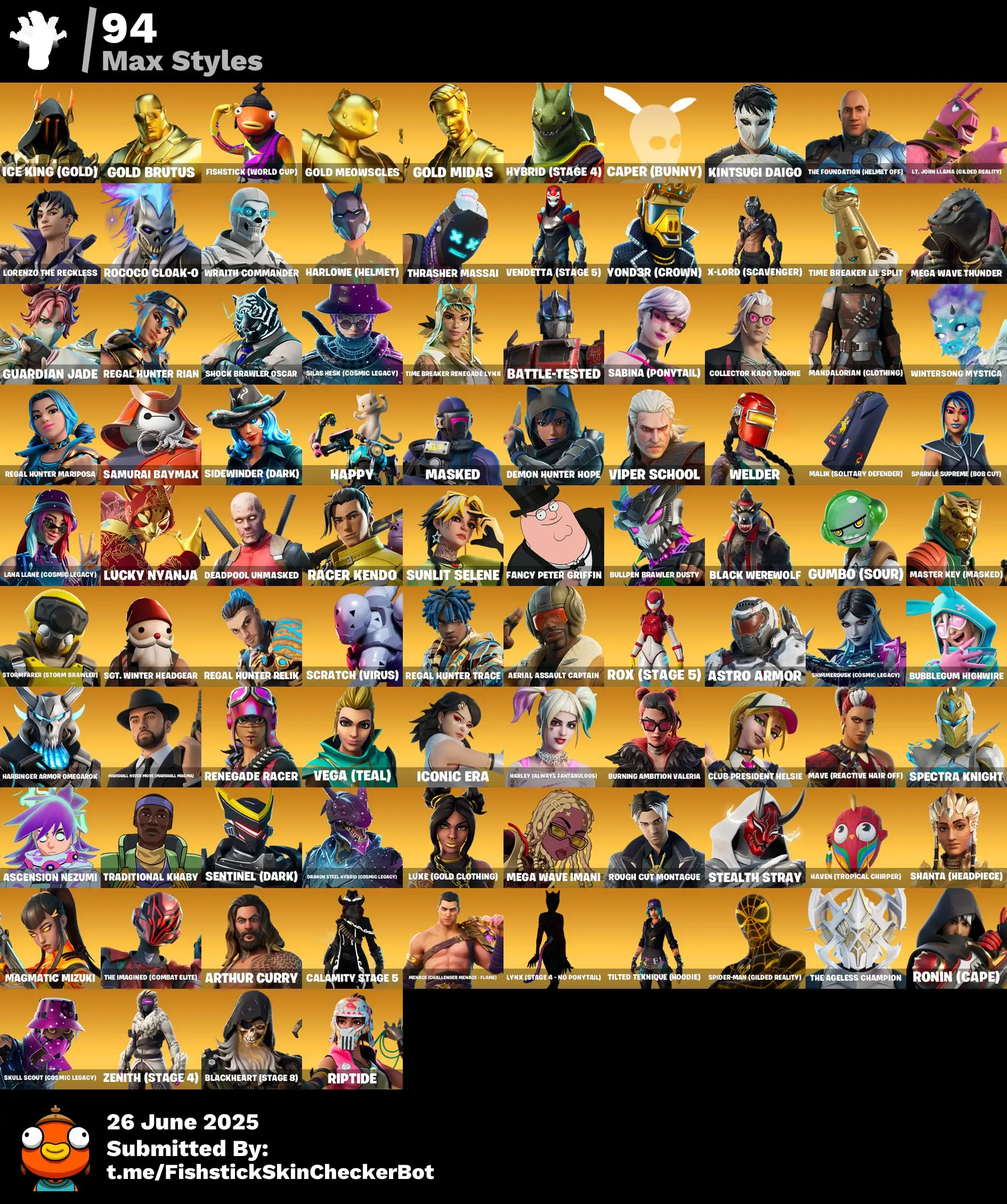 291 Skins · 74 Paid · Legendary Collection | Travis Scott, Renegade Raider, Peter Griffin, Gwenpool & More