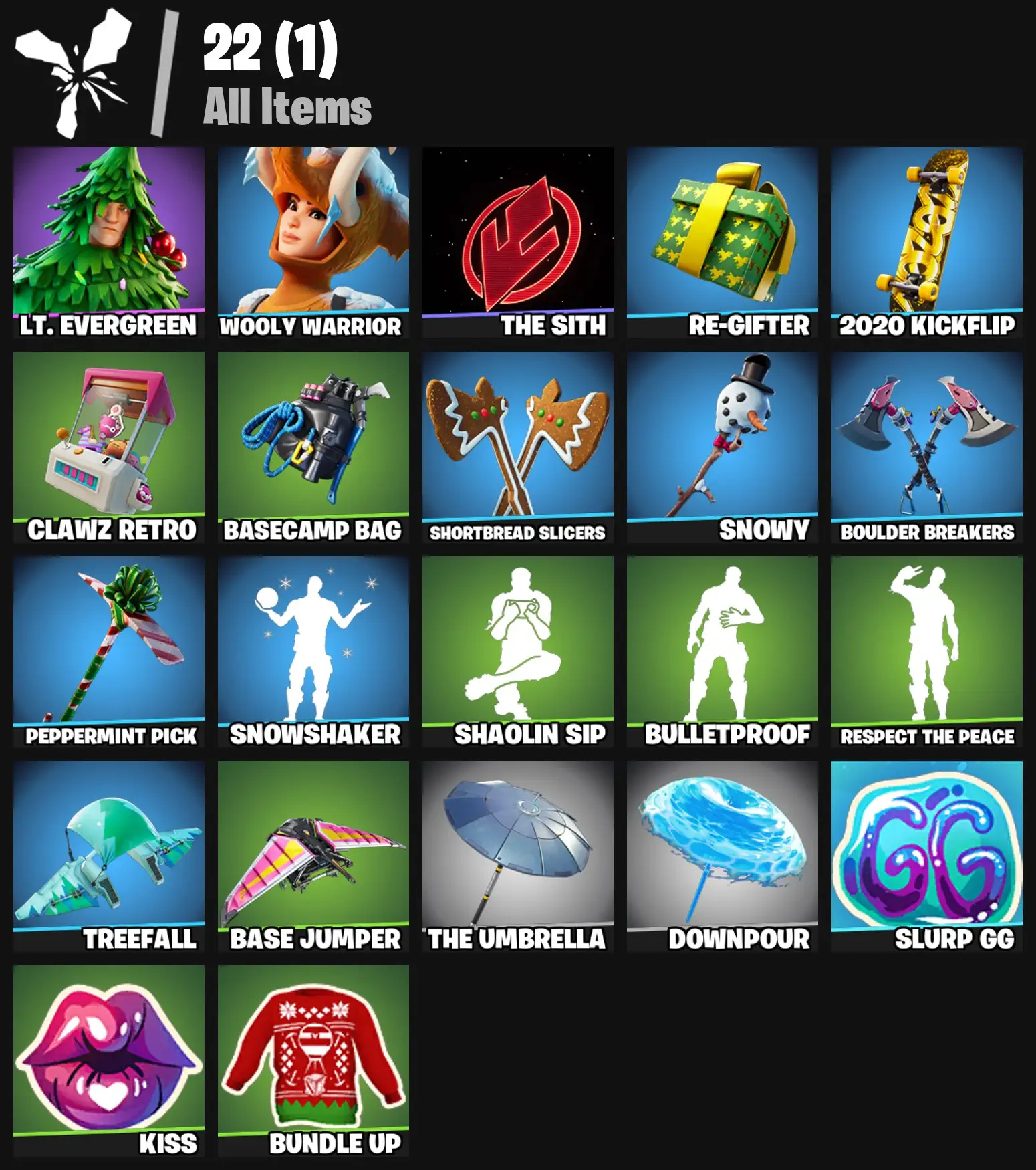 [PC/PSN/XBOX] 2 skins | Lt. Evergreen | Wooly Warrior | The Sith | Re-gifter | 2020 Kickflip | Clawz Retro | Basecamp Bag | Shortbread Slicers | Snowy | 0 VB