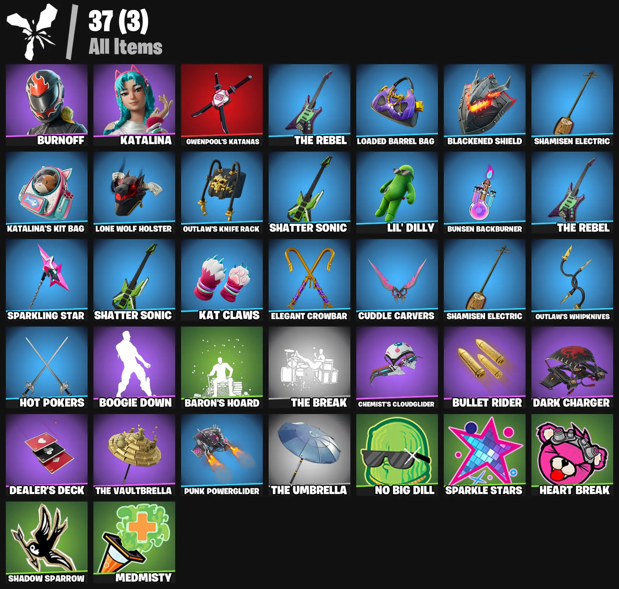 [PC/PSN/XBOX] 2 skins | Burnoff | Katalina | Gwenpool's Katanas | The Rebel | Loaded Barrel Bag | Blackened Shield | Shamisen Electric | 100 VB