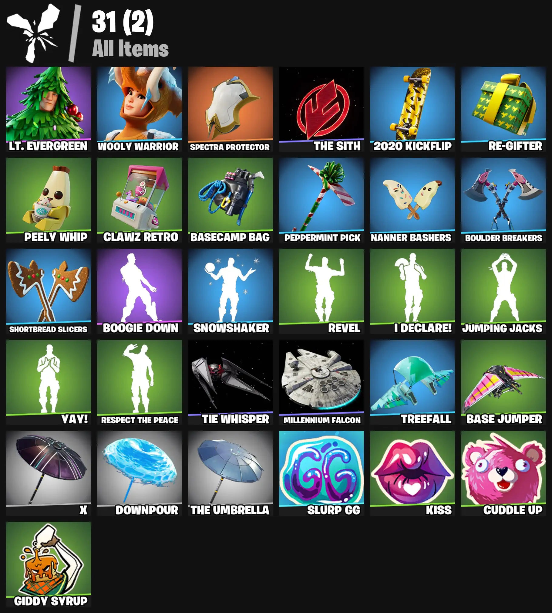 [PC/PSN/XBOX] 2 skins | Lt. Evergreen | Wooly Warrior | Spectra Protector | The Sith | 2020 Kickflip | Re-gifter | Peely Whip | Clawz Retro | 0 VB