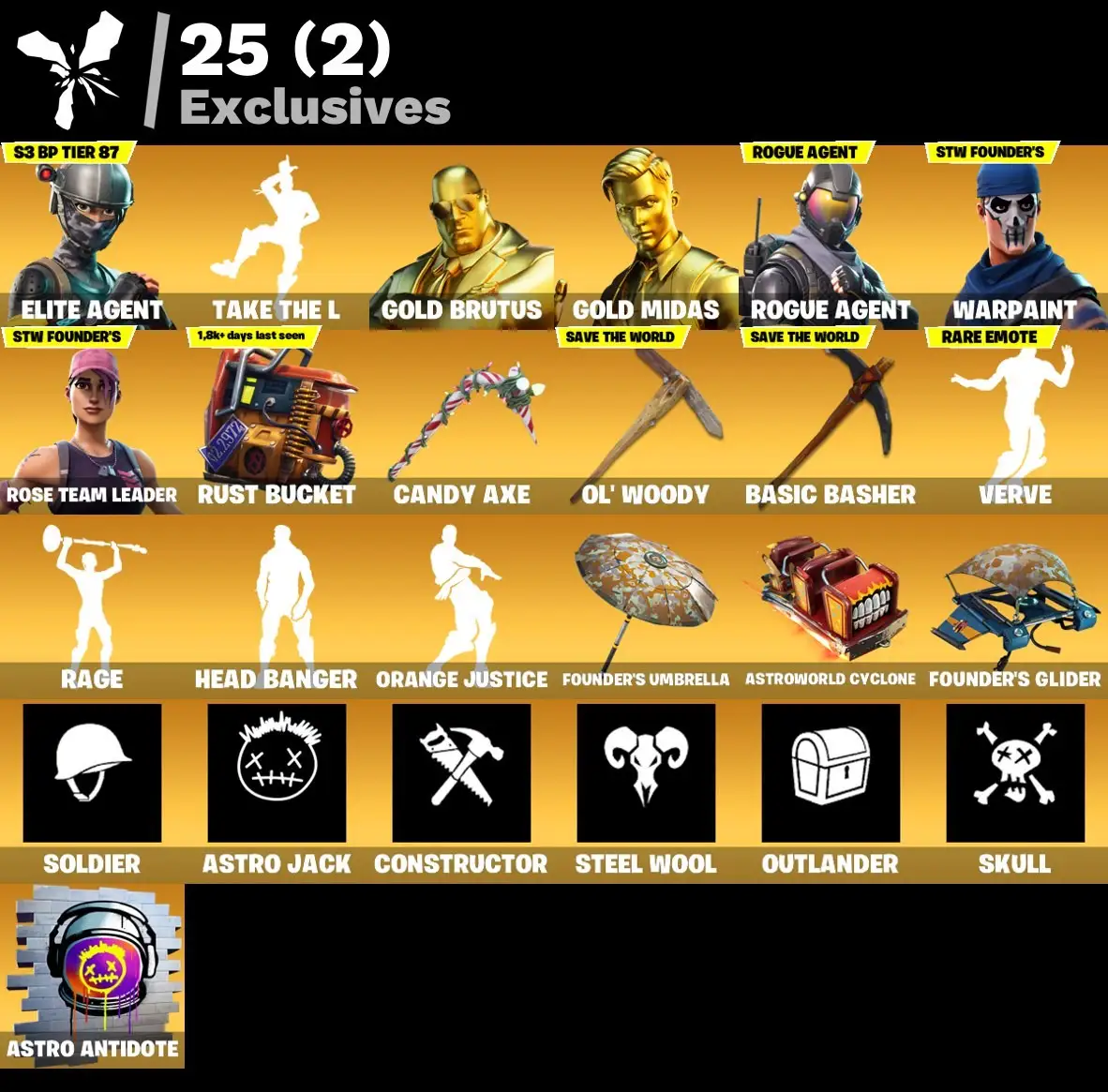 125 skins | OG STW | Elite Agent | Take The L | Renegade Raider | Gold Brutus | Gold Midas | Rogue Agent | Catalyst | Carbide | Spectra Knight | 380 VB