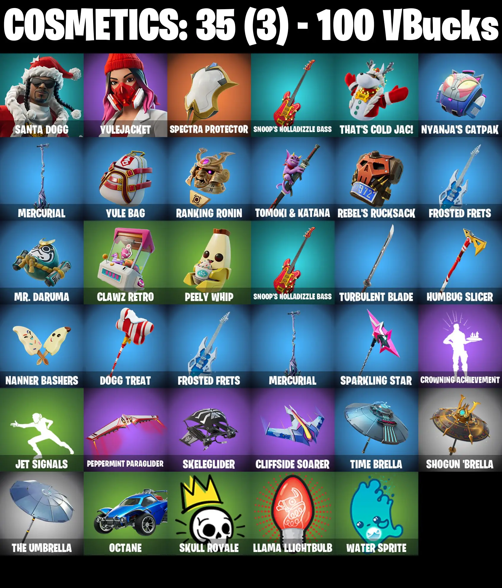 [PC/PSN/XBOX] 2 skins | Santa Dogg | Yulejacket | Spectra Protector | Snoop's Holladizzle Bass | That's Cold Jac! | Nyanja's Catpak | Mercurial | 100 VB