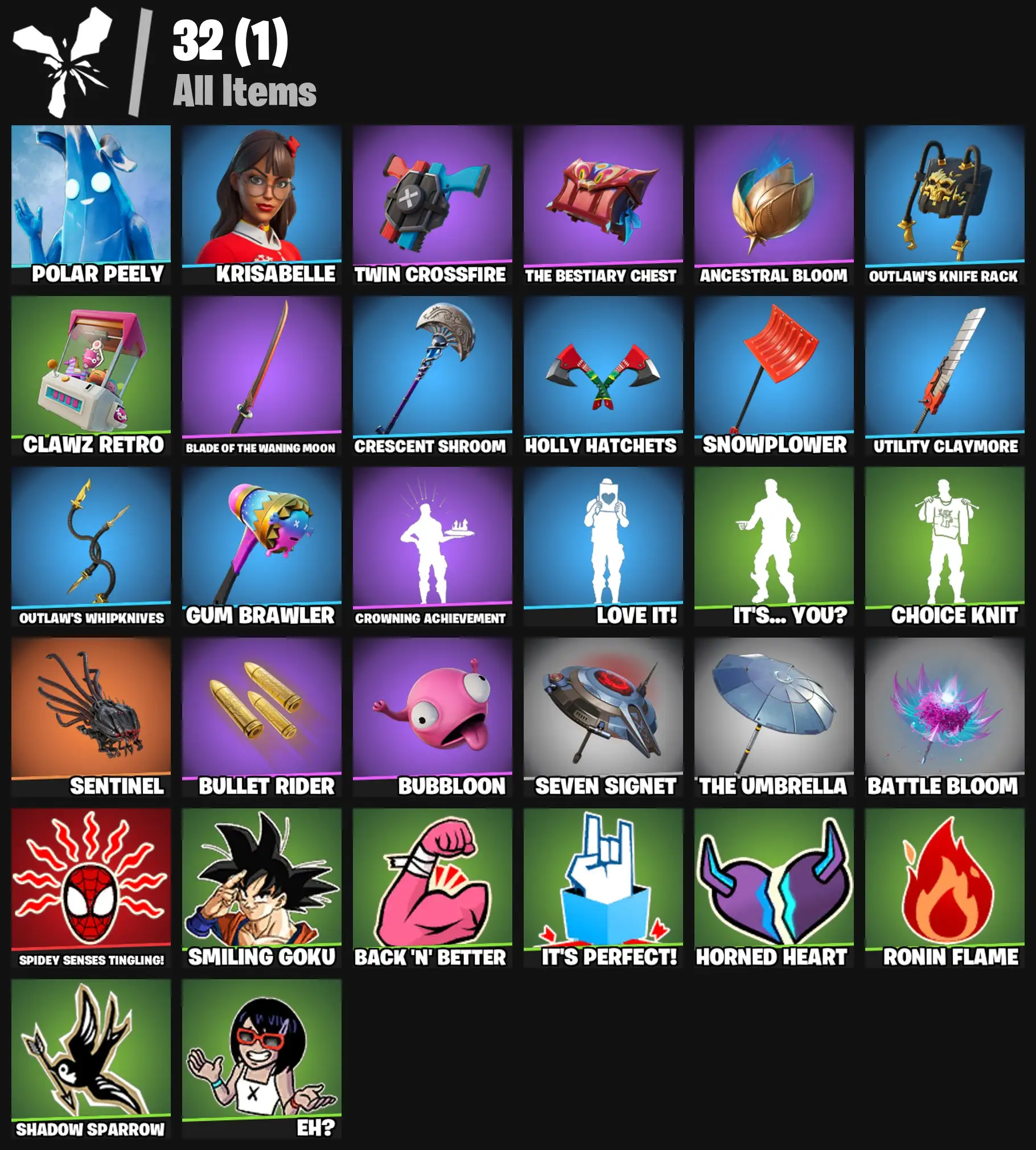 [PC/PSN/XBOX] 2 skins | Polar Peely | Krisabelle | Twin Crossfire | The Bestiary Chest | Ancestral Bloom | Outlaw's Knife Rack | Clawz Retro | 400 VB
