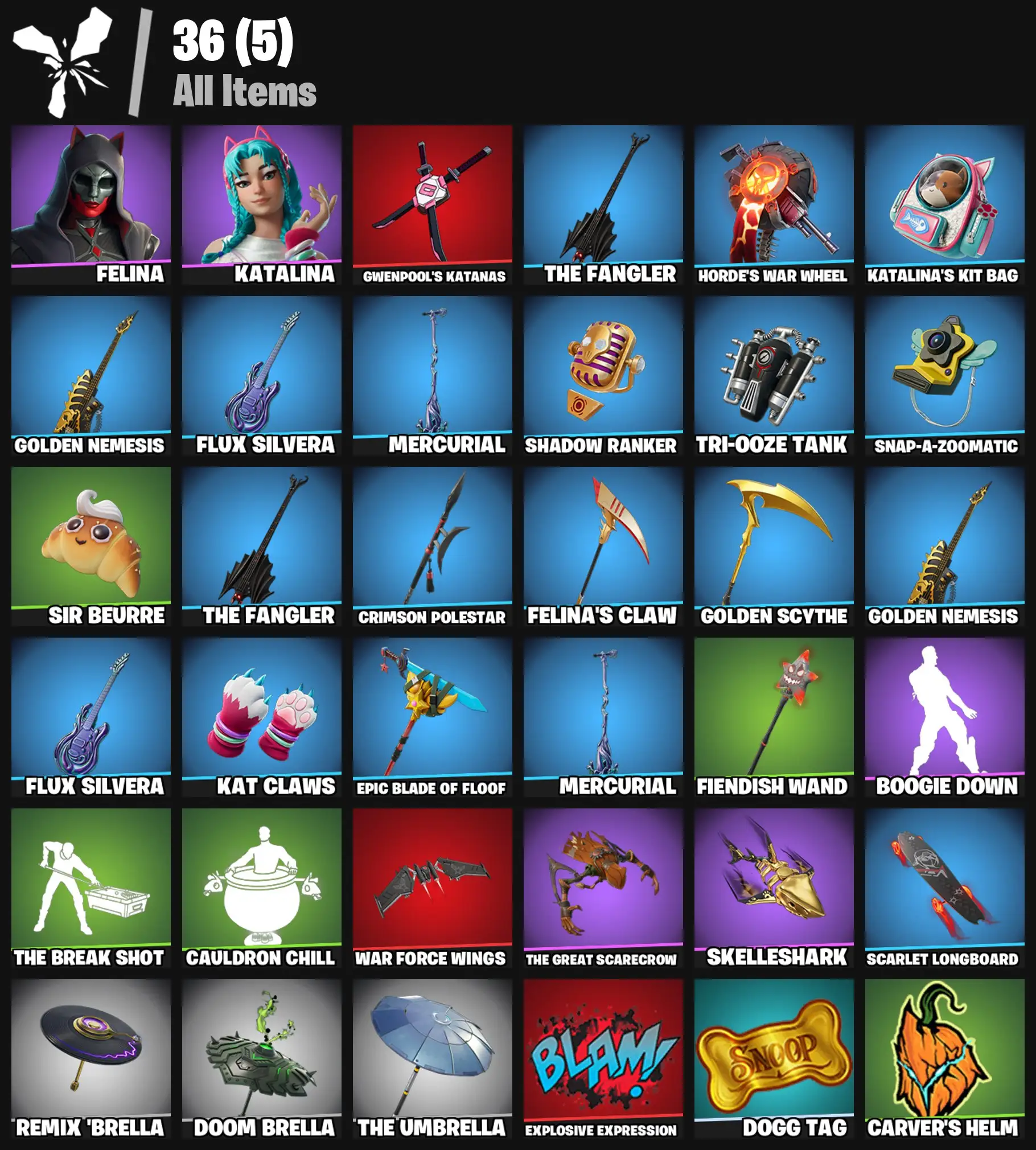 [PC/PSN/XBOX] 2 skins | Felina | Katalina | Gwenpool's Katanas | The Fangler | Horde's War Wheel | Katalina's Kit Bag | Golden Nemesis | 200 VB