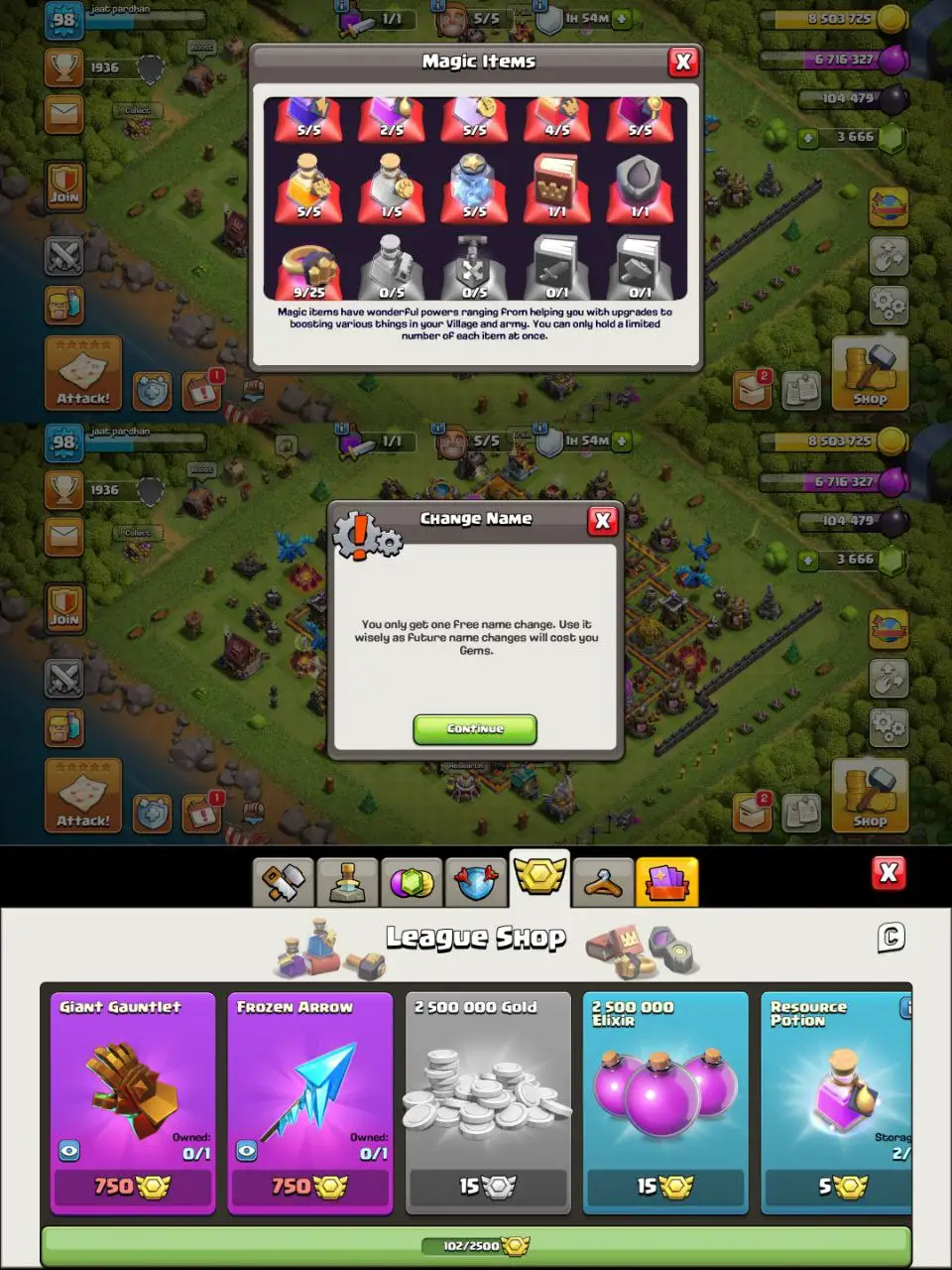 [#1391] [VP]3666 GEMS LOADED SEMI-MAX TH 11 | 31-27-22-6 HEROES | STACKED MAGIC ITEMS | FREE RENAME | 102 CWL MEDALS | BEST EQUIPMENT  | INSTANT DELIVERY