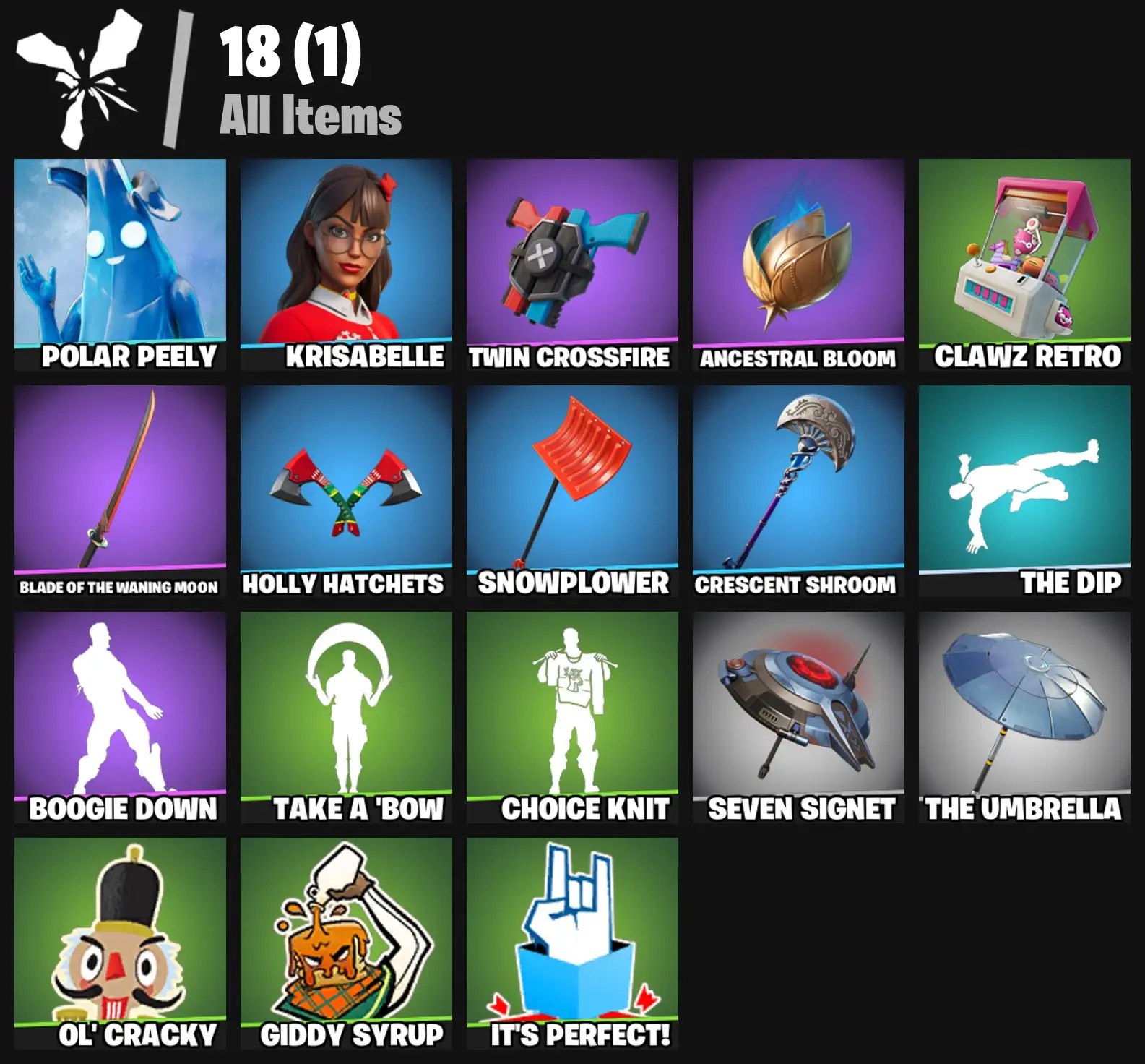 [PC/PSN/XBOX] 2 skins | Polar Peely | Krisabelle | Twin Crossfire | Ancestral Bloom | Clawz Retro | Blade of the Waning Moon | Holly Hatchets | 100 VB