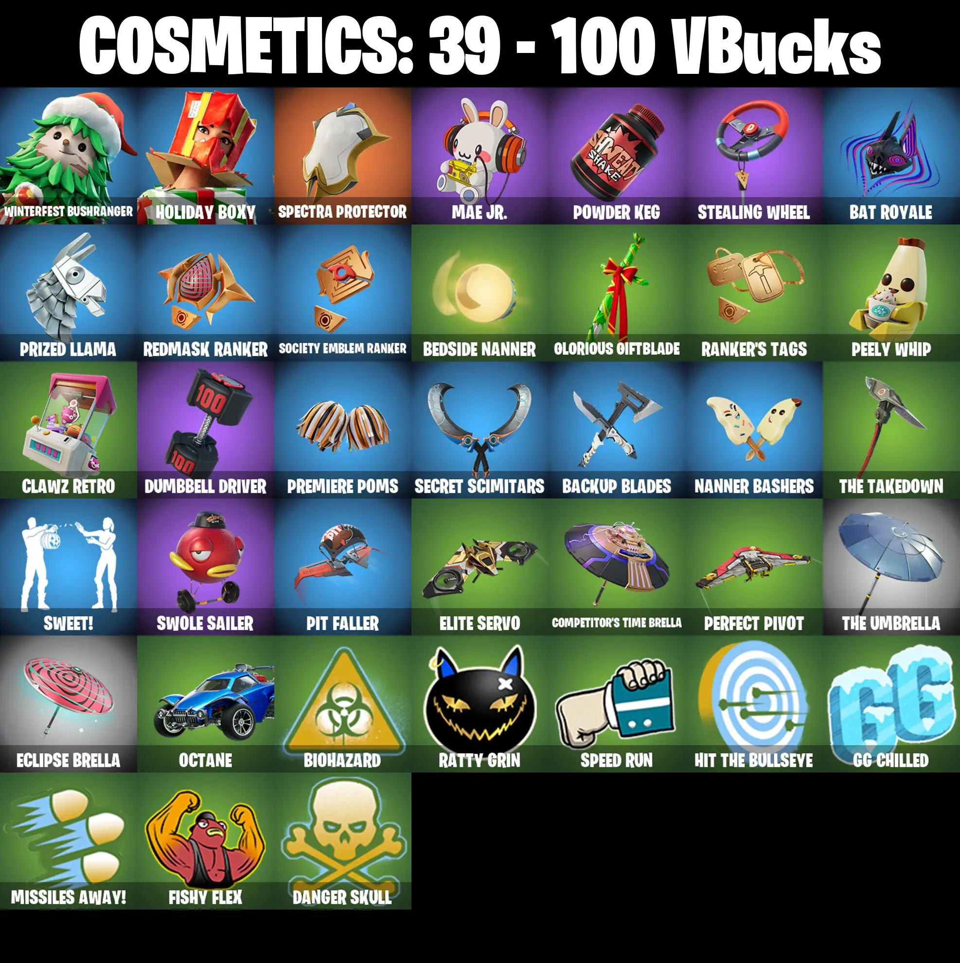 [PC/PSN/XBOX] 2 skins | Winterfest Bushranger | Holiday Boxy | Spectra Protector | Mae Jr. | Powder Keg | Stealing Wheel | Bat Royale | Prized Llama | 100 VB
