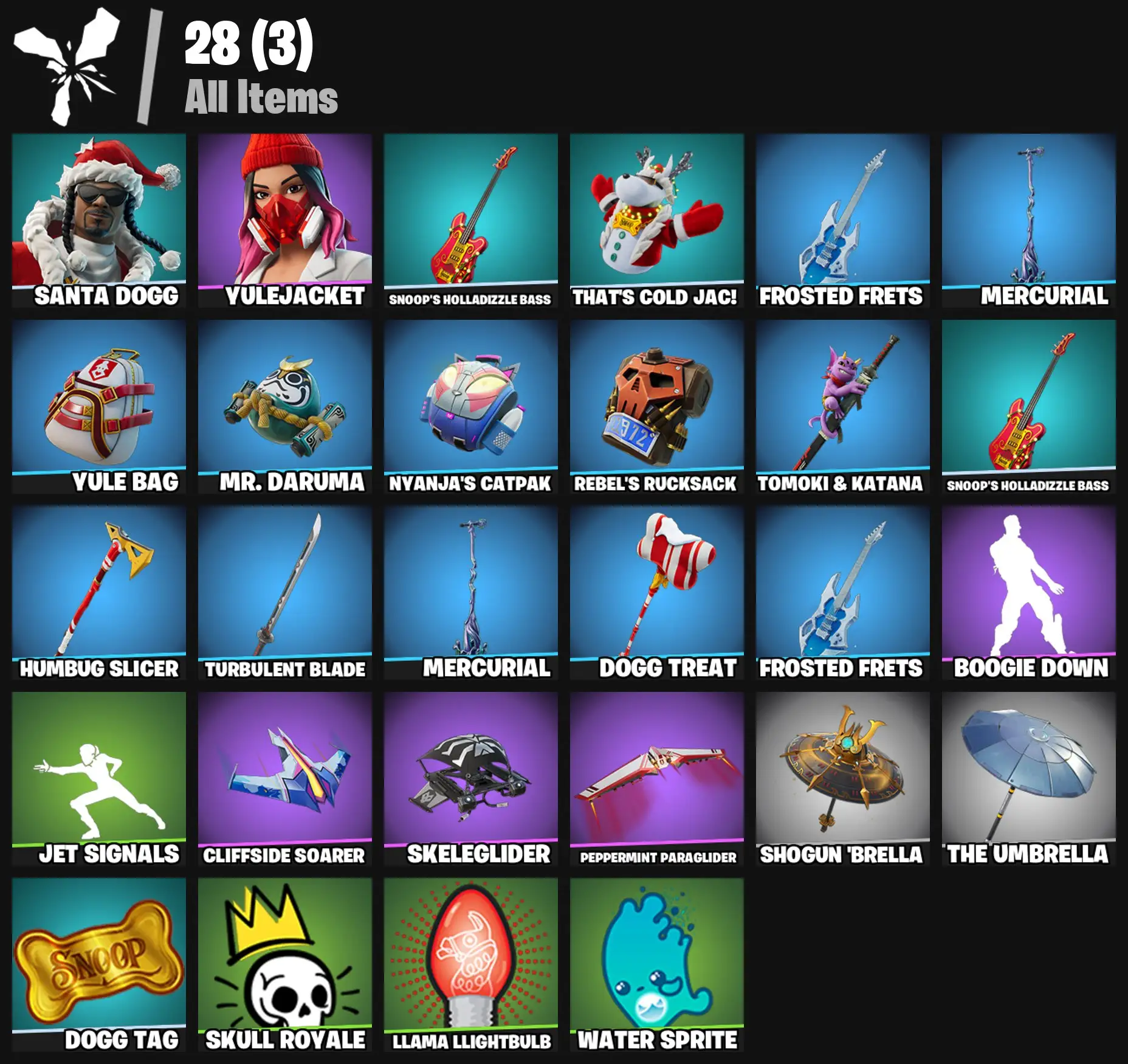 [PC/PSN/XBOX] 2 skins | Santa Dogg | Yulejacket | Snoop's Holladizzle Bass | That's Cold Jac! | Frosted Frets | Mercurial | Yule Bag | Mr. Daruma | 100 VB