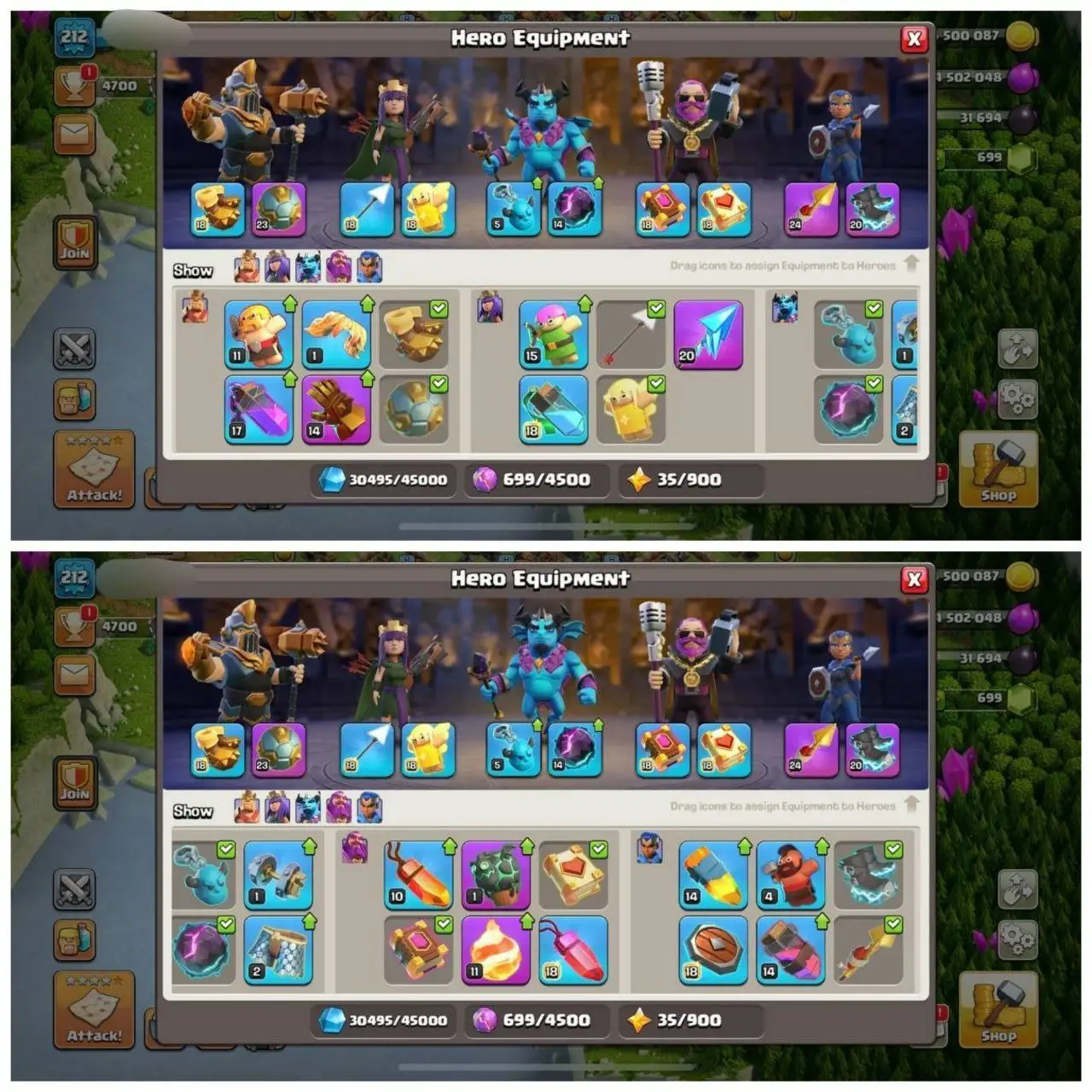 {69% DISCOUNT} TH17 NEAR MAX⚡️XP- 212 ⚡️7 EPIC EQUIPMENTS⚡️HERO 86-91-62-59-34⚡️GOLDEN WALLS ⚡️699 GEMS ⚡️6 SKINS⚡️MAGIC ITEMS⚡️NC 500⚡️OP LAB ⚡️INSTANT DELIVERY 🚚