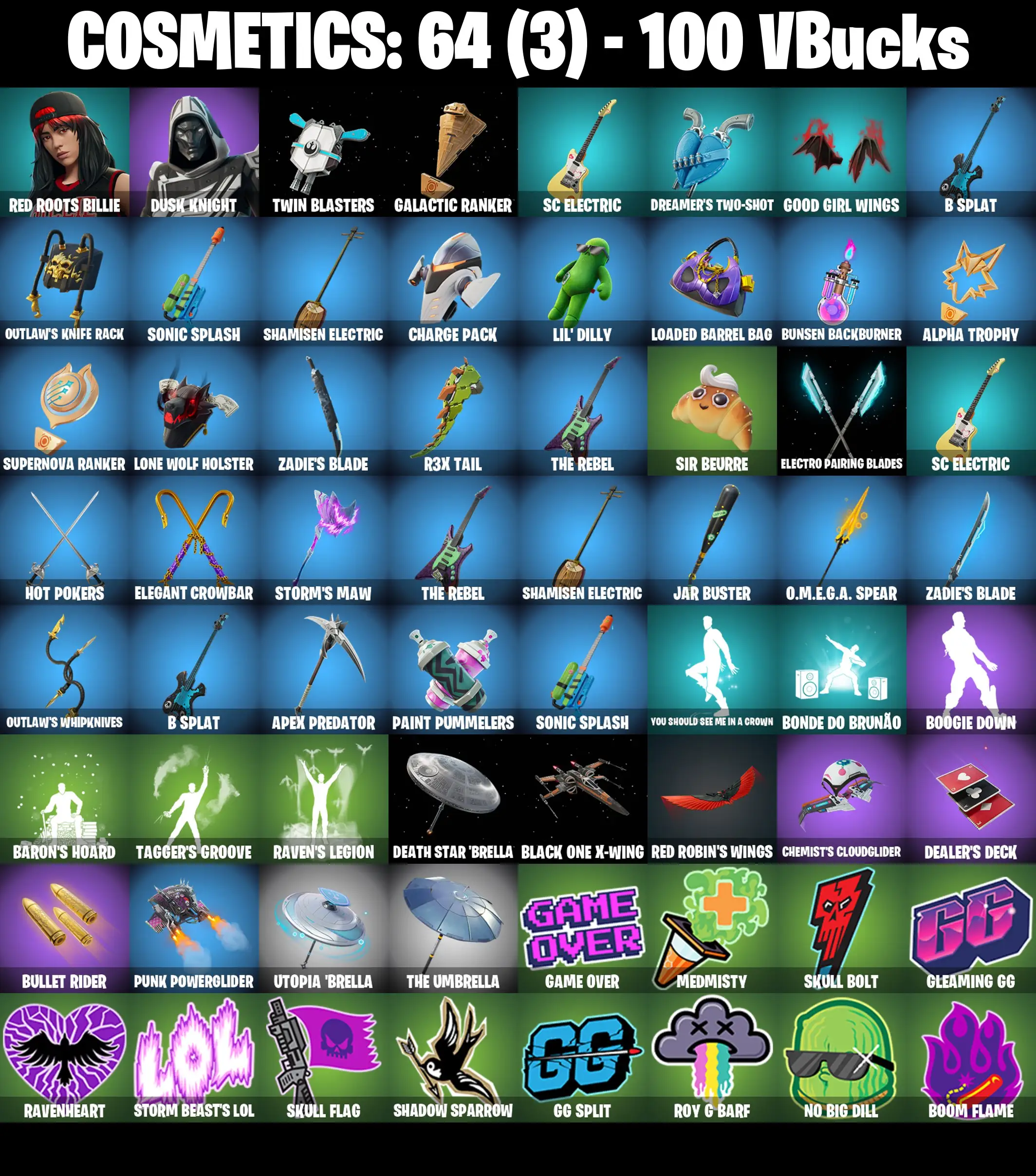 [PC/PSN/XBOX] 2 skins | Red Roots Billie | Blitz Knight | Twin Blasters | Galactic Ranker | SC Electric | Dreamer's Two-Shot | Good Girl Wings | 100 VB