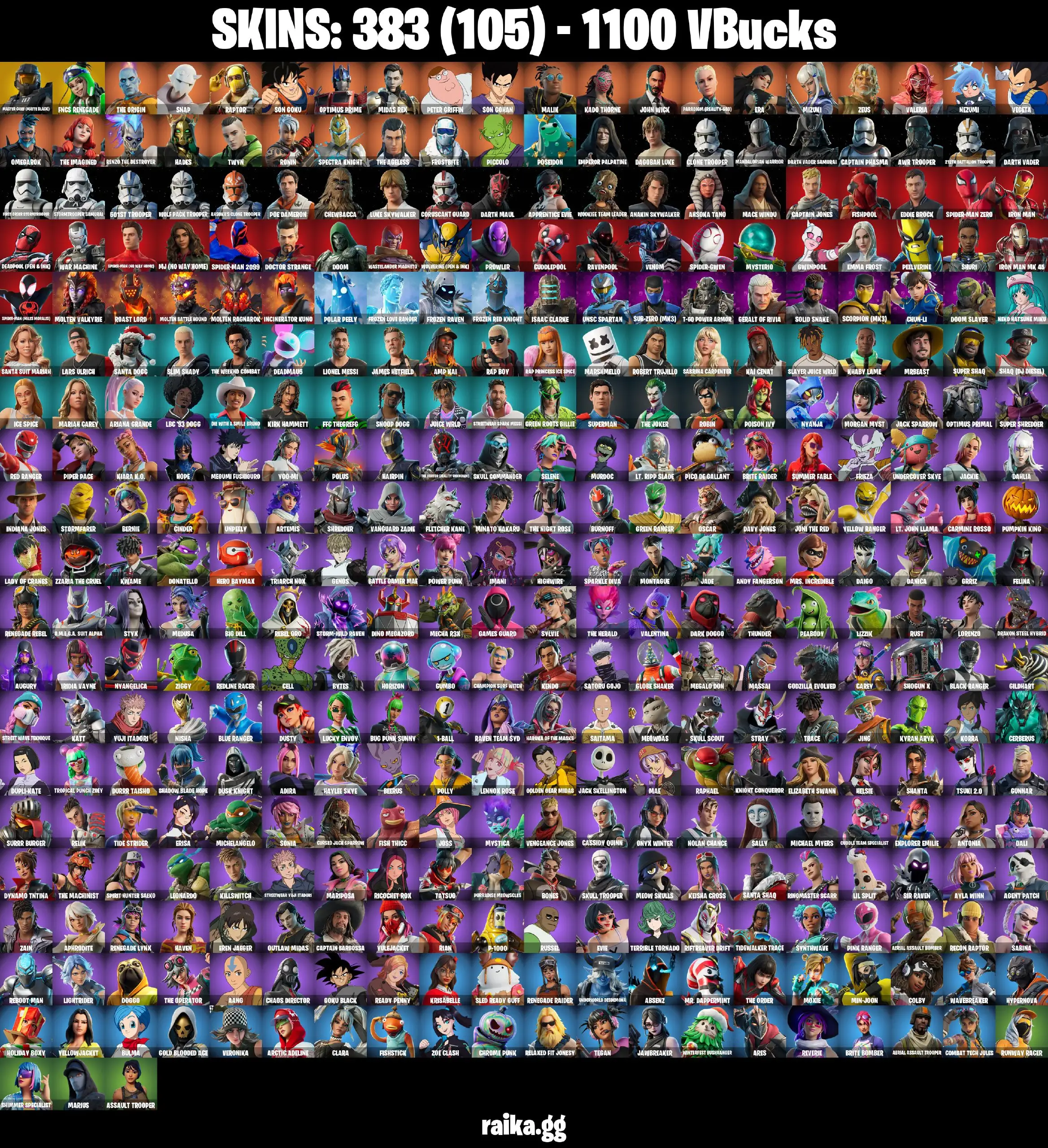 [PC/PSN/XBOX] 383 skins | Renegade Raider | Aerial Assault Trooper | Master Chief (Matte Black) | FNCS Renegade | The Origin | Snap | 1100 VB
