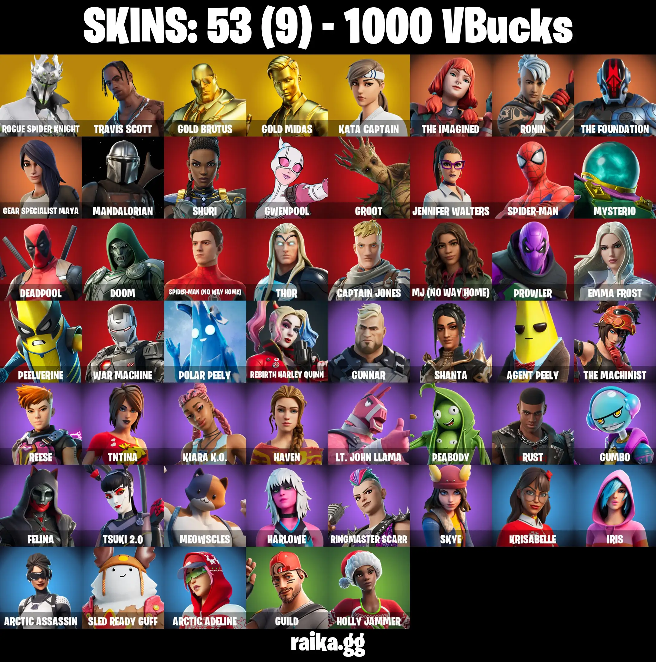 [PC/PSN/XBOX] Full 53 skins | Travis Scott | Rogue Spider Knight | Gold Brutus | Gold Midas | The Imagined | Ronin | Gear Specialist Maya 700 VB