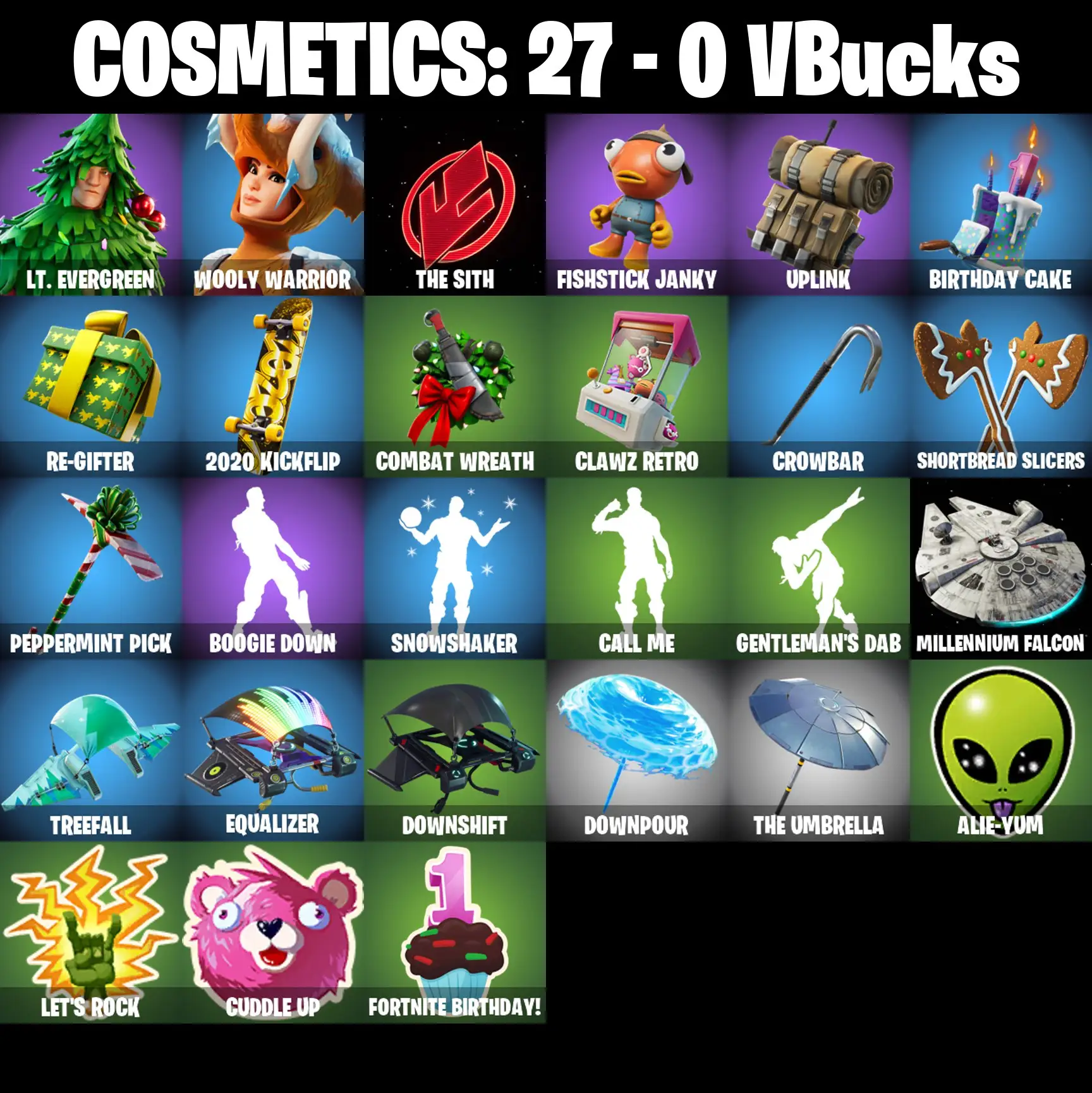 [PC/PSN/XBOX] 2 skins | Lt. Evergreen | Wooly Warrior | The Sith | Fishstick Janky | Uplink | Birthday Cake | Re-gifter | 2020 Kickflip | 0 VB