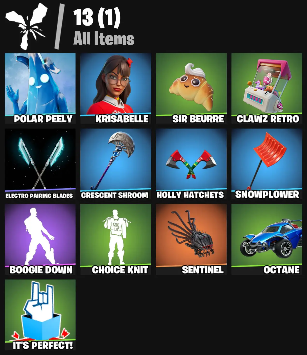[PC/PSN/XBOX] 2 skins | Polar Peely | Krisabelle | Sir Beurre | Clawz Retro | Electro Pairing Blades | Crescent Shroom | Holly Hatchets | Snowplower | 0 VB