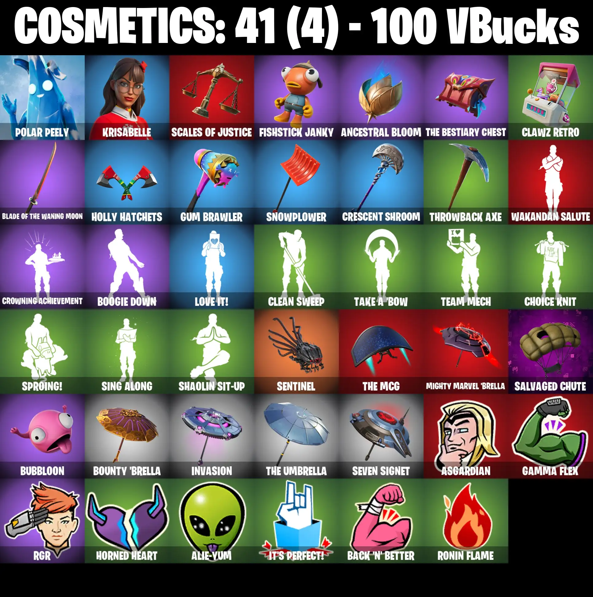 [PC/PSN/XBOX] 2 skins | Polar Peely | Krisabelle | Scales of Justice | Fishstick Janky | Ancestral Bloom | The Bestiary Chest | Clawz Retro | 100 VB