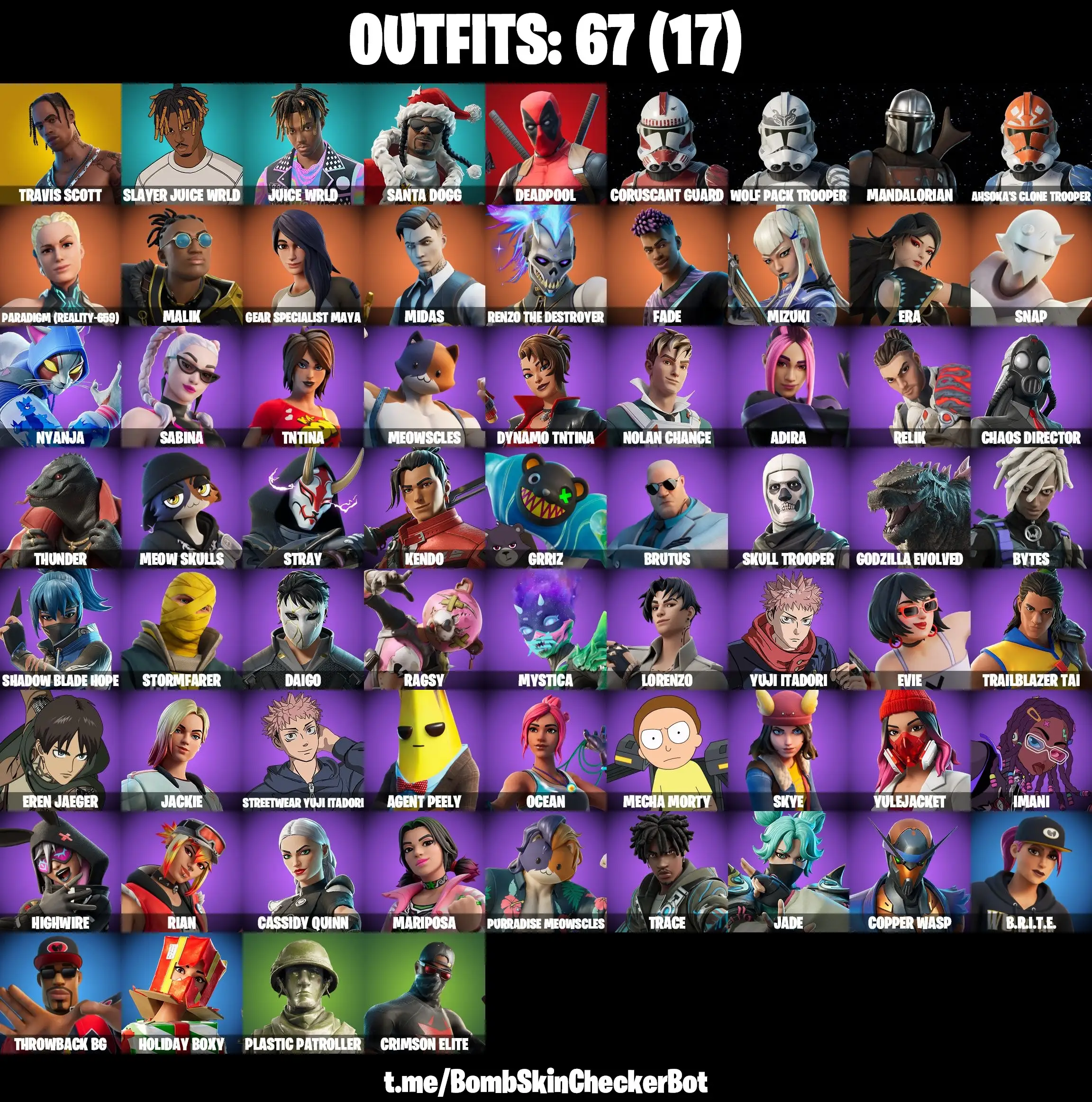 【67 SKINS】 TRAVIS SCOTT❤️DEADPOOL❤️ SANTA DOGG❤️ JUICE WRLD ❤️   (PC/PSN/XBOX)
