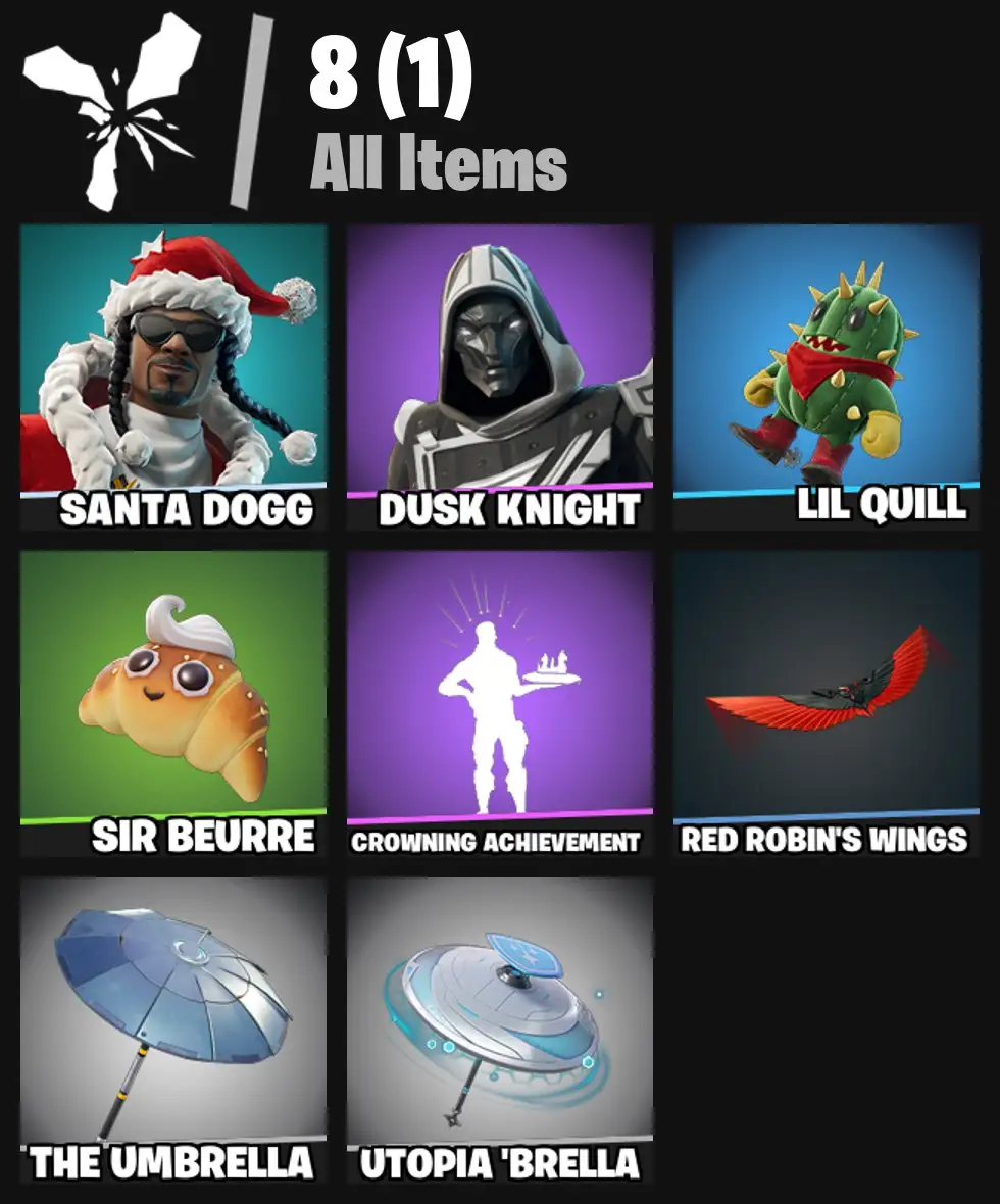 [PC/PSN/XBOX] 2 skins | Santa Dogg | Blitz Knight | Lil Quill | Sir Beurre | Crowning Achievement | Red Robin's Wings | The Umbrella | Utopia 'Brella | 0 VB