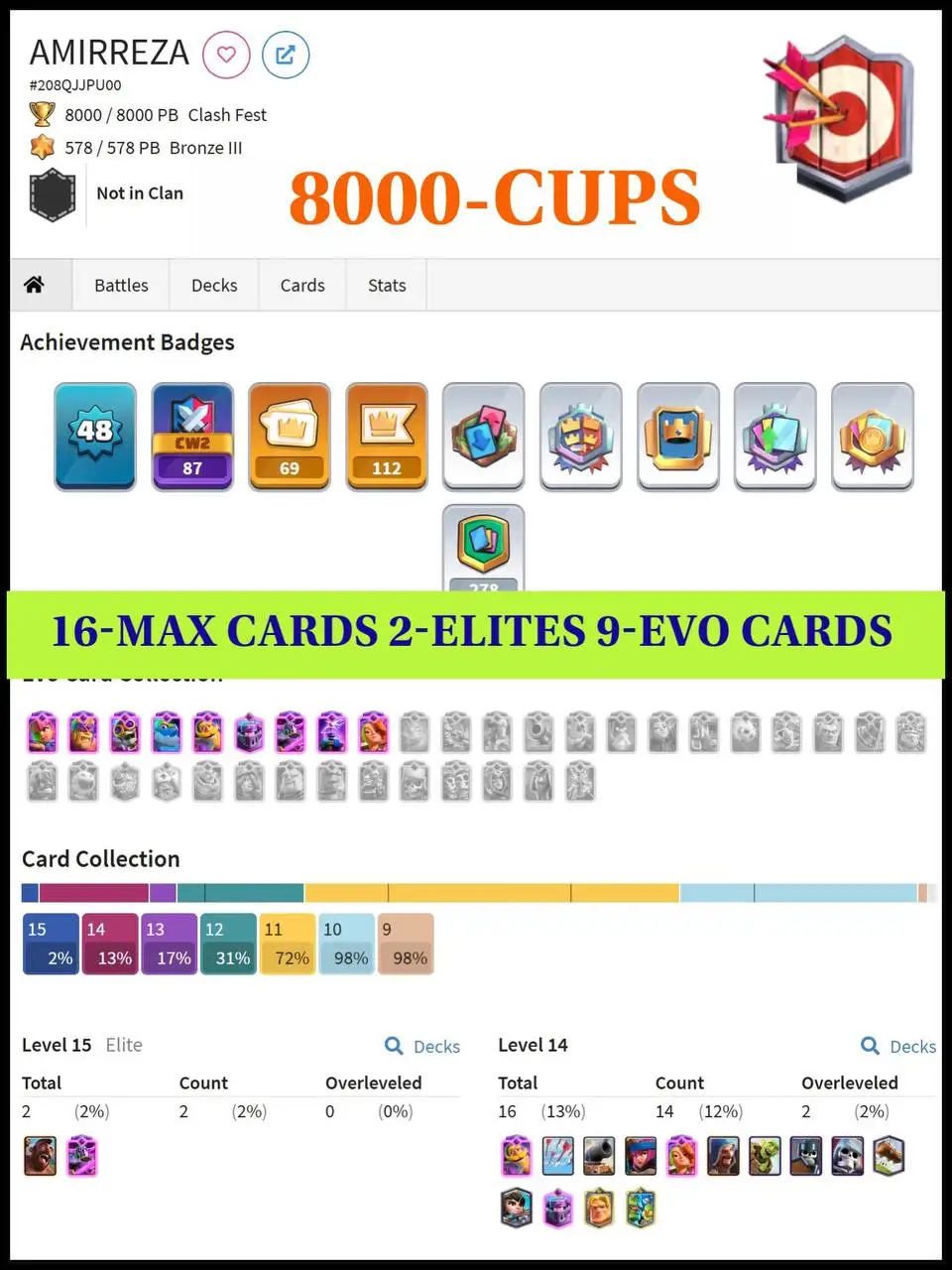 👑LVL-48👑16 MAX CARD - 2 ELITES💥 9-EVO CARDS🍁8000-TROPHIES🏆KT-14💫ARENA-21🔥119 CARDS ❄️6 -KT SKINS💥69 EMOTES🫧CHEAP👀INSTANT DELIVERY🚀