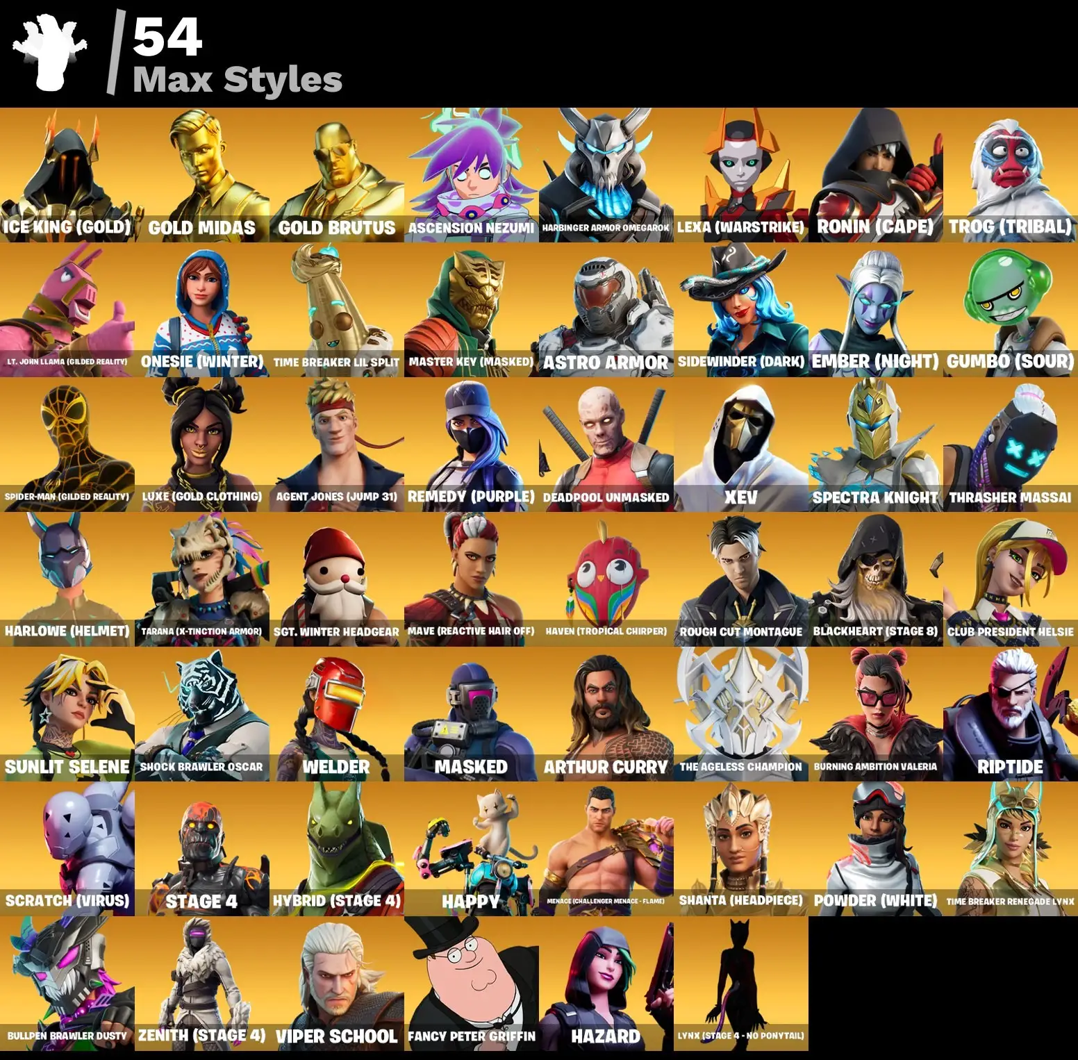 160 skins | Travis Scott | Astro Jack | Renegade Raider | Aerial Assault Trooper | Gold Midas | Gold Brutus | Trilogy | Cloud Striker | Fixer | 500 VB