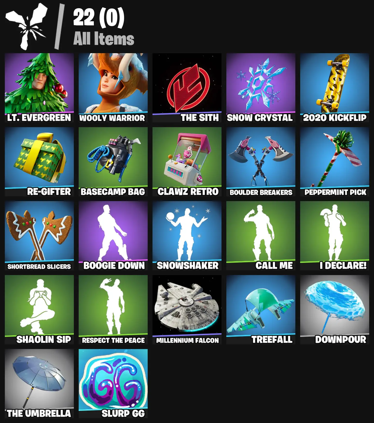 [PC/PSN/XBOX] 2 skins | Lt. Evergreen | Wooly Warrior | The Sith | Snow Crystal | 2020 Kickflip | Re-gifter | Basecamp Bag | Clawz Retro | 100 VB
