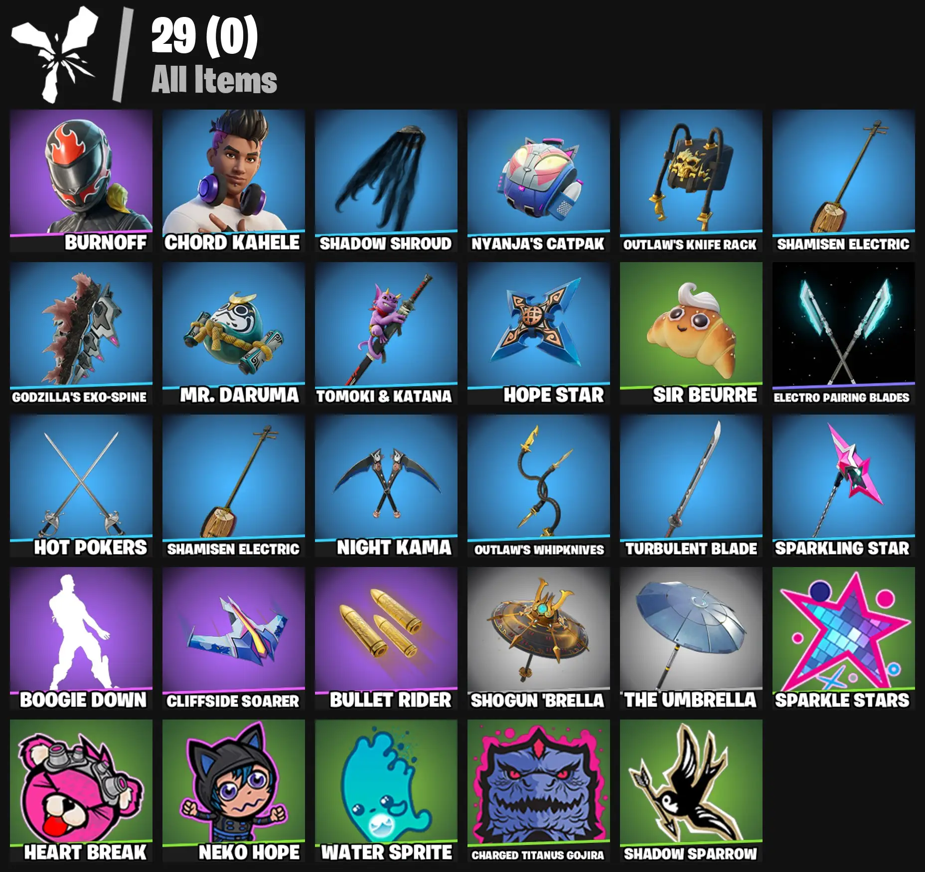 [PC/PSN/XBOX] 2 skins | Burnoff | Chord Kahele | Shadow Shroud | Nyanja's Catpak | Outlaw's Knife Rack | Shamisen Electric | Godzilla's Exo-Spine | 100 VB