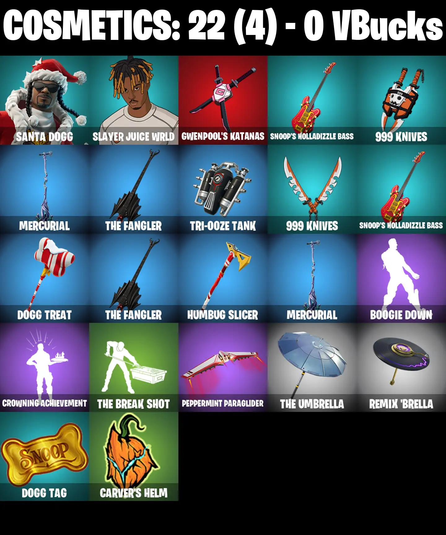 [PC/PSN/XBOX] 2 skins | Santa Dogg | Slayer Juice WRLD | Gwenpool's Katanas | Snoop's Holladizzle Bass | 999 Knives | Mercurial | The Fangler | 0 VB
