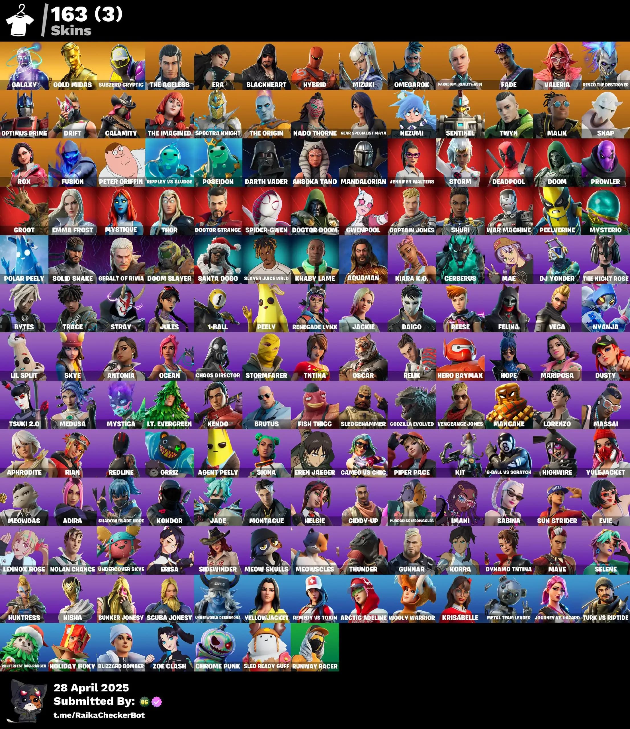 163 Skins · Galaxy + Gold Midas · Battle Pass Seasons 5-33 🏆