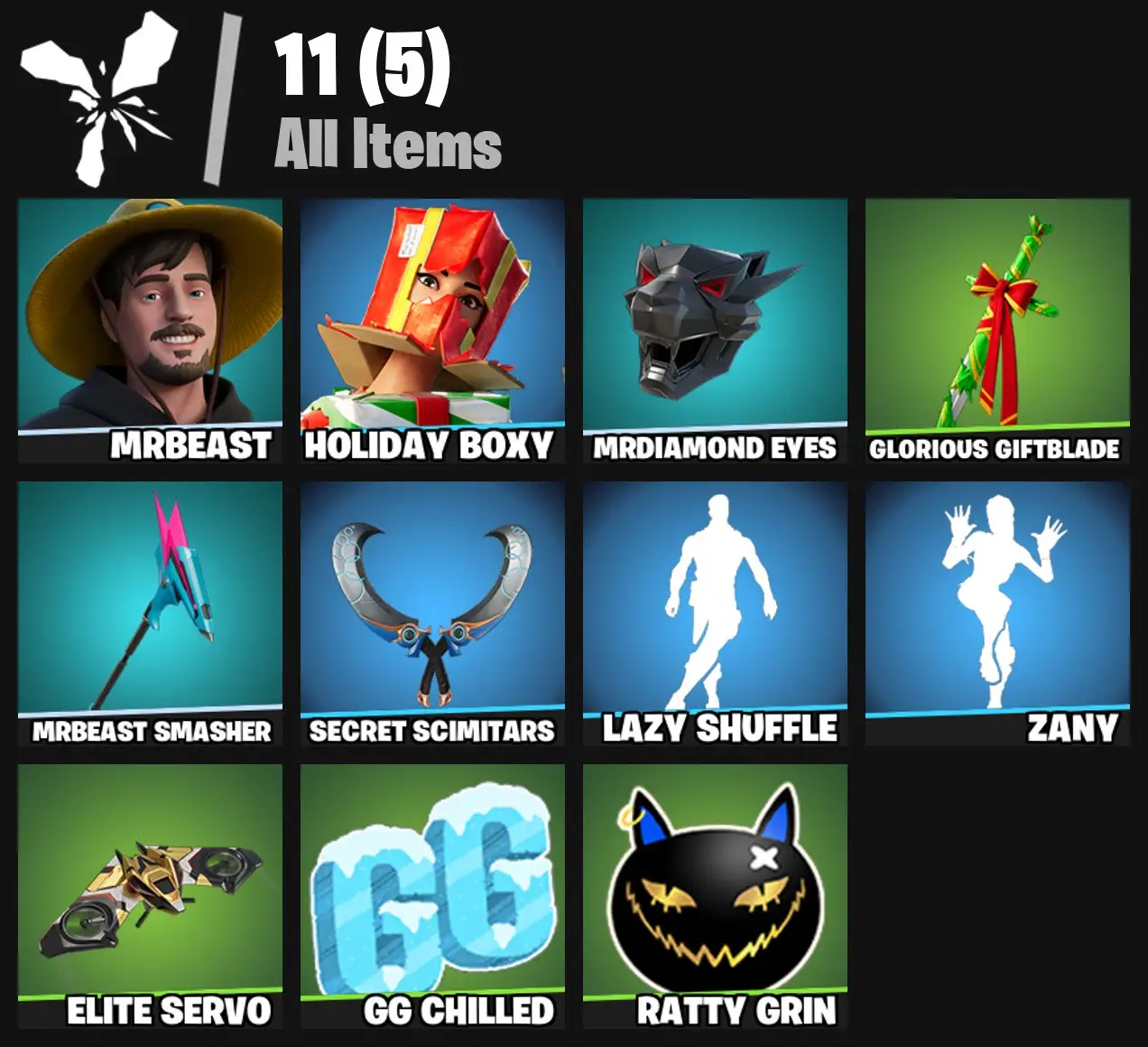 [PC/PSN/XBOX] 2 skins | MrBeast | Holiday Boxy | MrDiamond Eyes | Glorious Giftblade | MrBeast Smasher | Secret Scimitars | Lazy Shuffle | Zany | 100 VB
